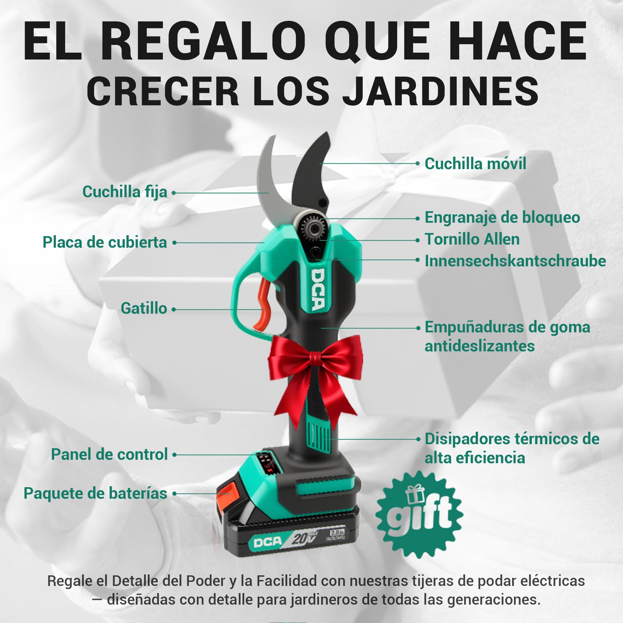DCA Tijeras de Podar Eléctricas 20V, máx 35mm Tijeras de Podar Bateria hoja SK5, Motor Sin Escobillas con 2,0Ah Batería, con estuche de seguridad portátil para Jardinería, Árboles Frutales, Viñedos