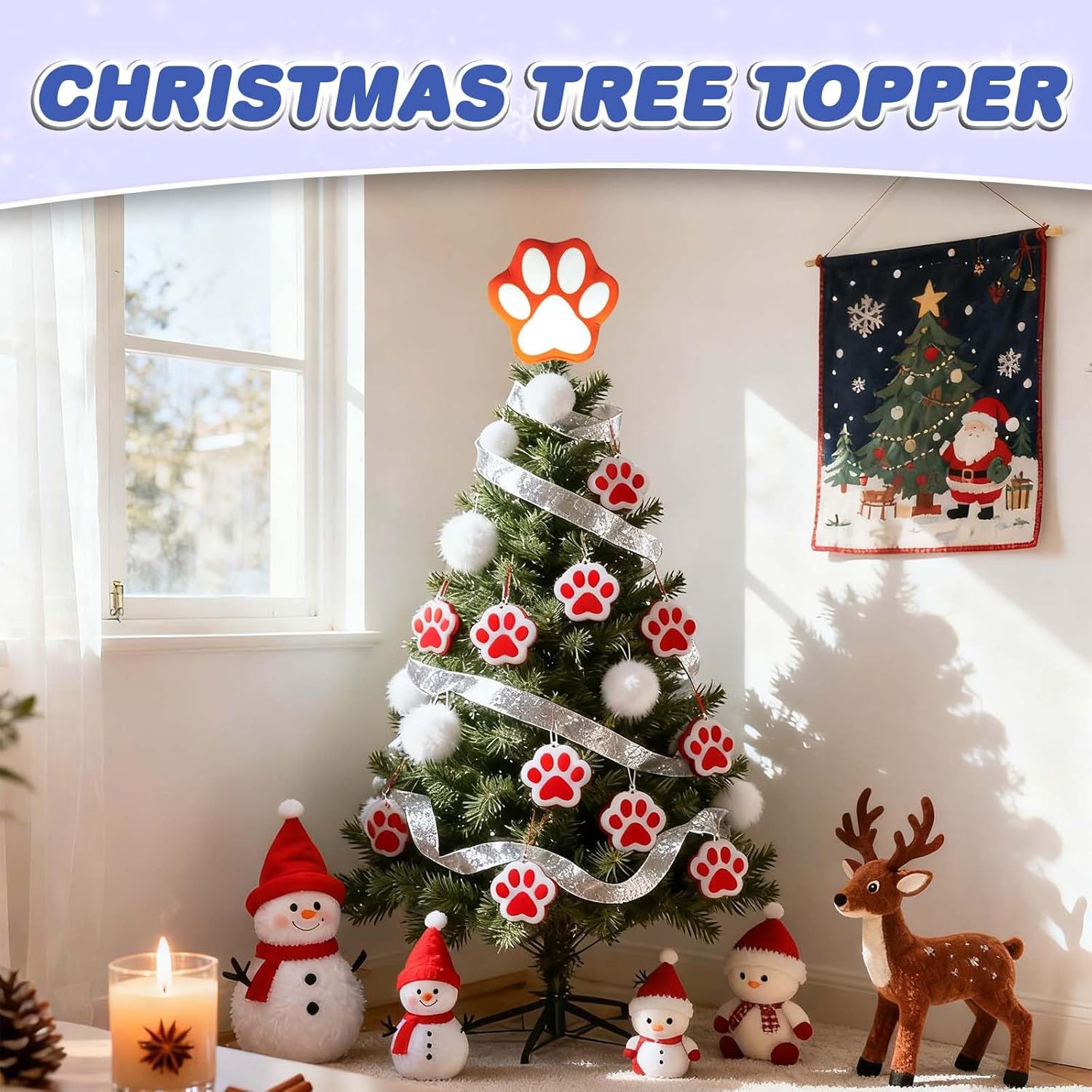 Dog Paw Christmas Tree Topper,9.8 * 9.8inch Blue Orange Dog Paw Print Christmas Ornament Topper, Santa Hat Tree Topper, Indoor and Outdoor Xmas Festival Thanksgiving Day New Year Decors - Image 6