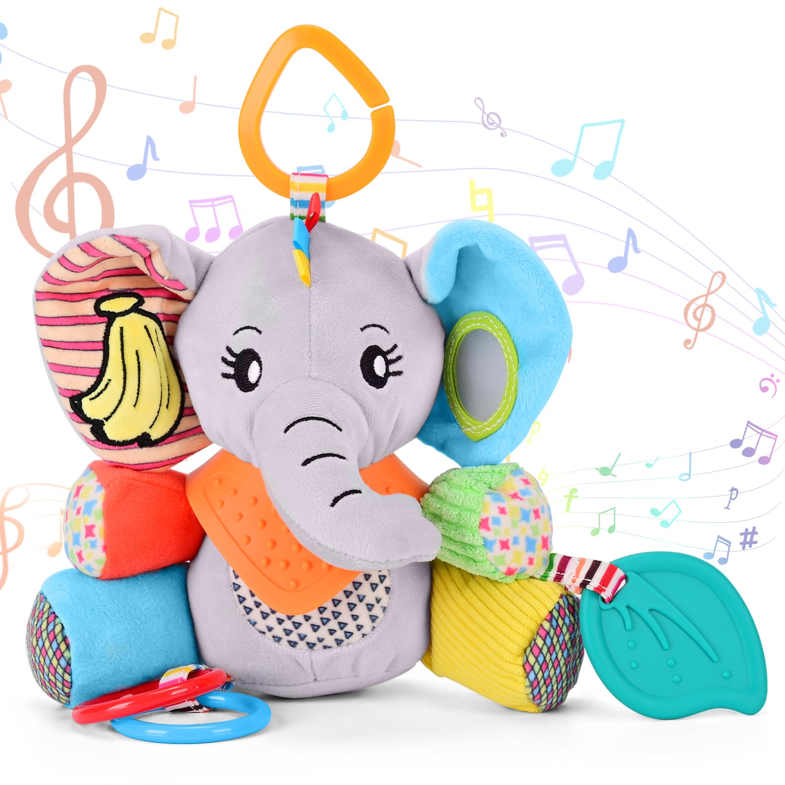 Baby Toys Elephant with Detachable Touch-Sensitive Sound Box (30 Sounds), Removable Bib, Teether, Rattle, BB Squeaker, Mirror for 0-12 Months | Attaches to Strollers, Car Seats, Carriers