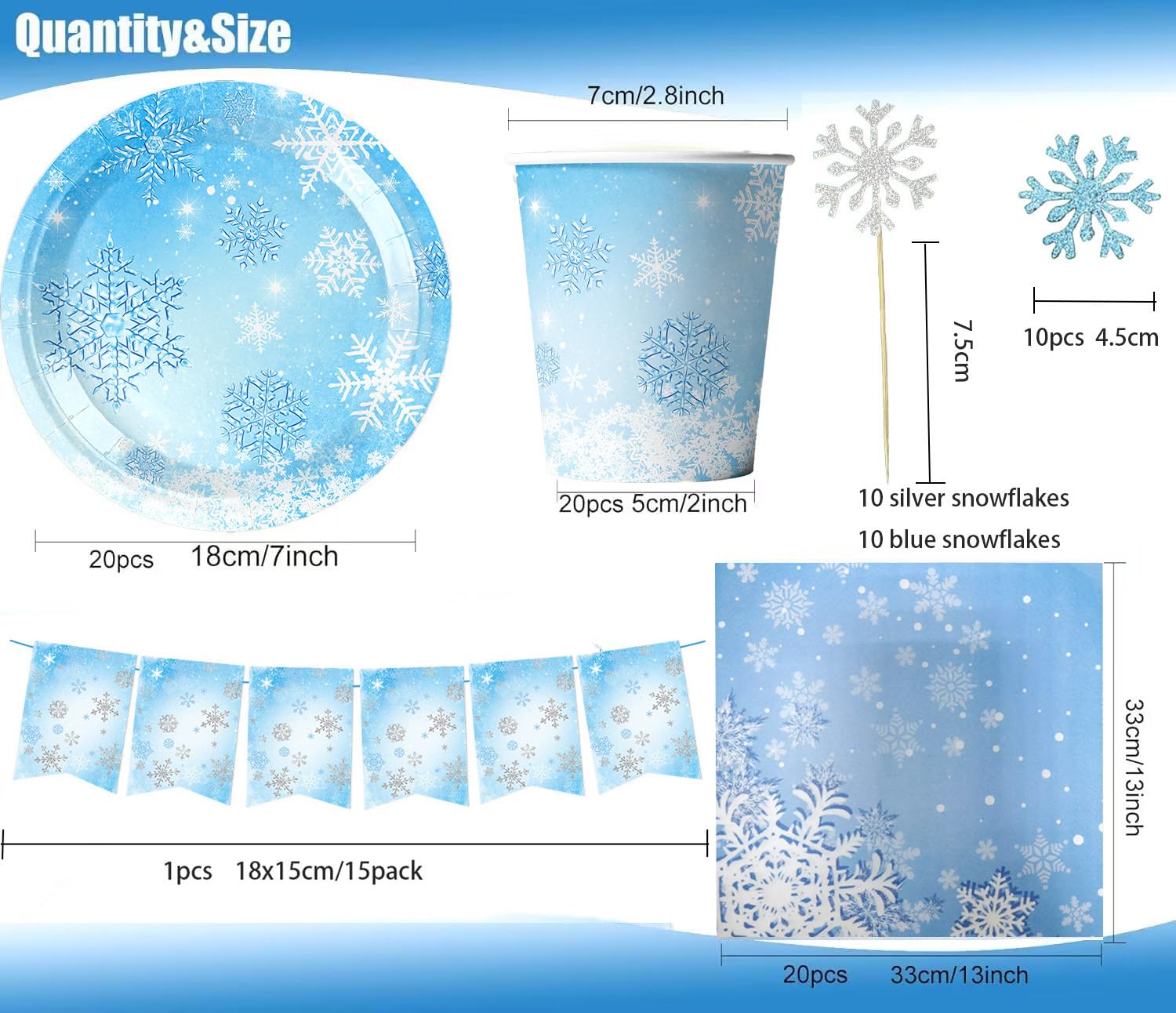 Set di 95 Stoviglie per Feste con Fiocchi di neve, Tra cui Bandiera, Piatti, Tovaglioli, Bicchieri di Carta e inserti per Fiocchi di neve, per 20 Persone