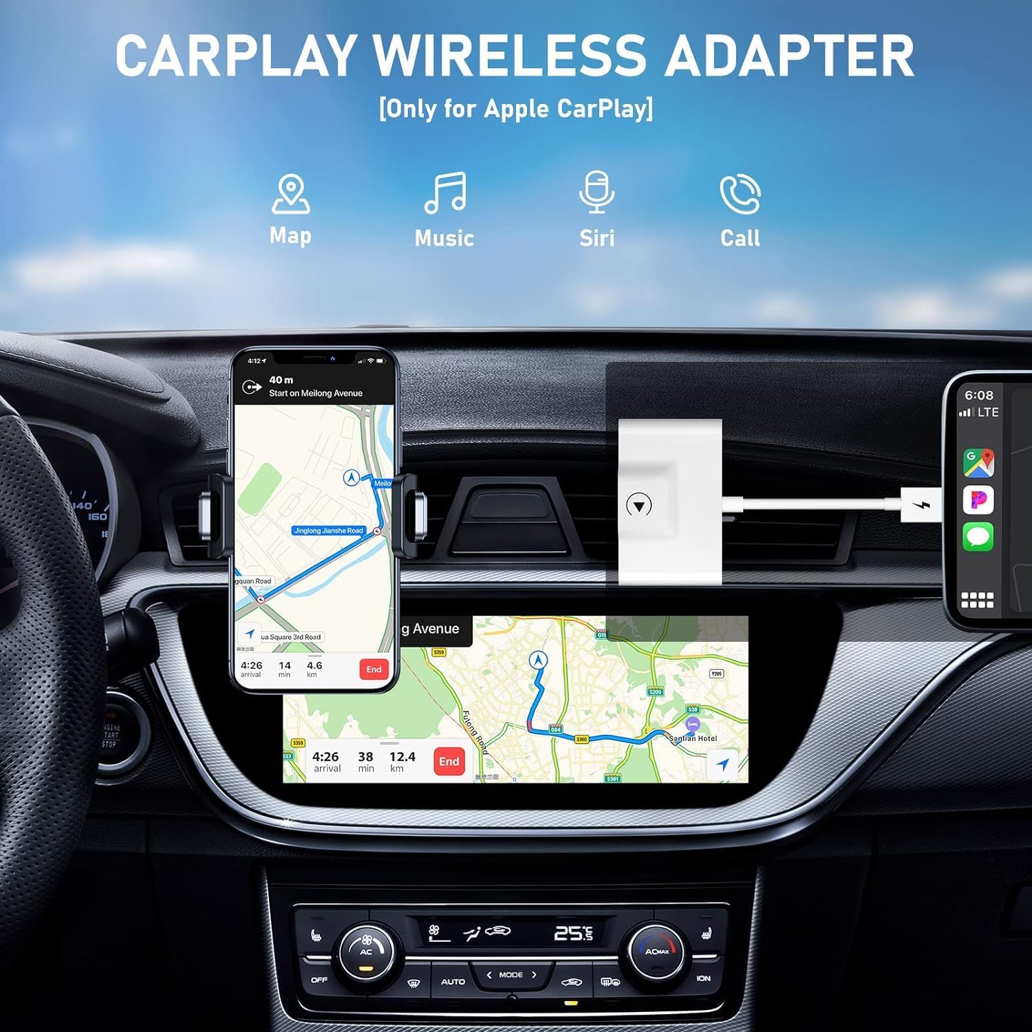 CarPlay interface showing various apps like Map, Music, Siri, and Call on a car's display.