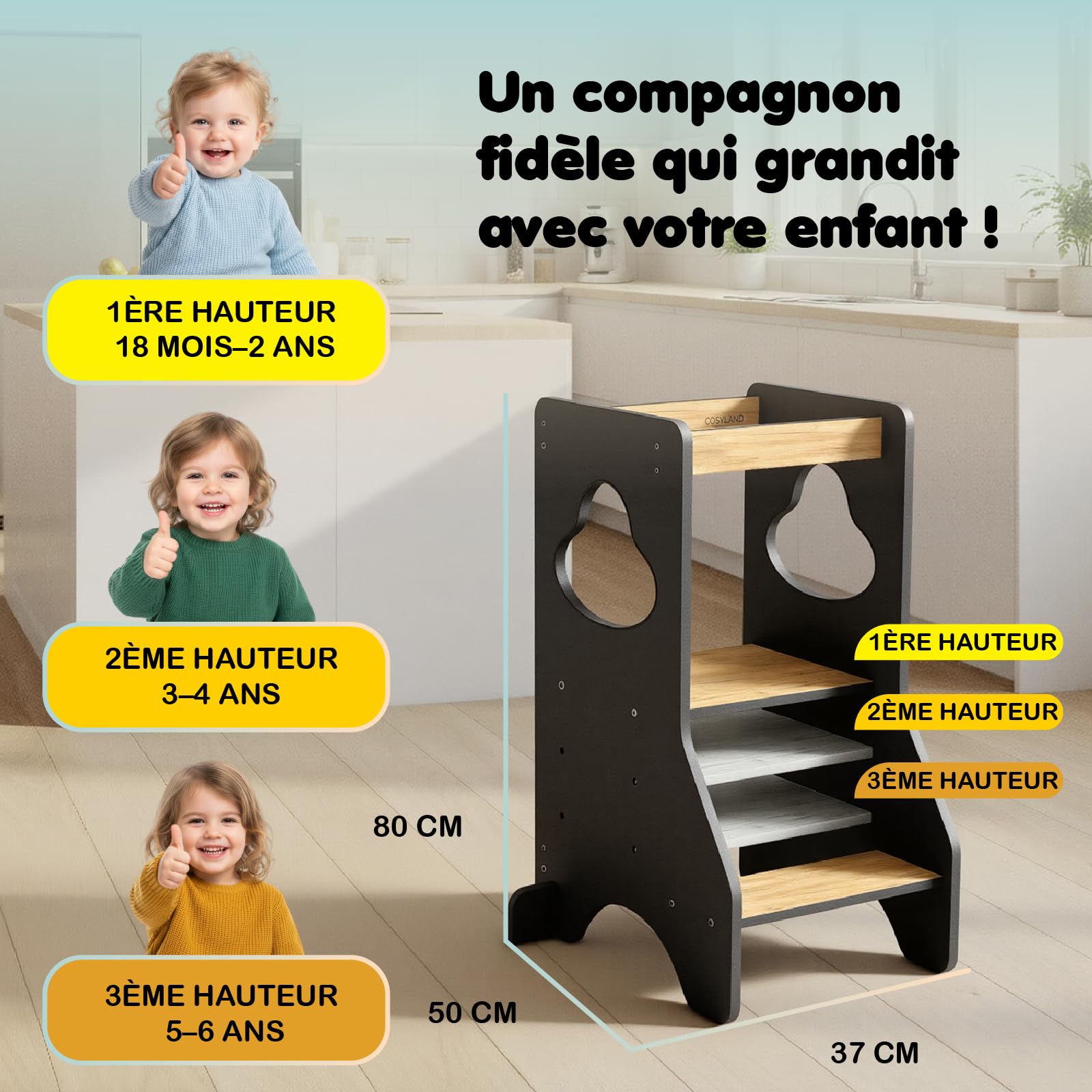 COSYLAND Tour d Observation Montessori Réglable en Hauteur pour Enfants de 18 Mois à 6 Ans, Chaise d Apprentissage Sécurisée en Bois, Design Moderne et Stable, Idéale pour Bébé - Noir/Naturel