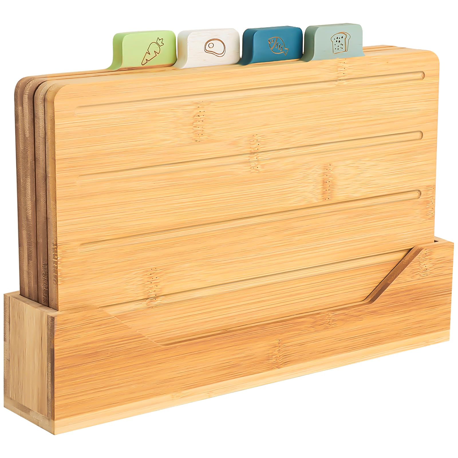Bamboo Cutting Board Set of 4 with Labeled Food Icon for Kitchen- Wood Cutting Board with Stand Chopping Boards Set with Holder for Meat, Fish, Bread, Vegetable Chopping