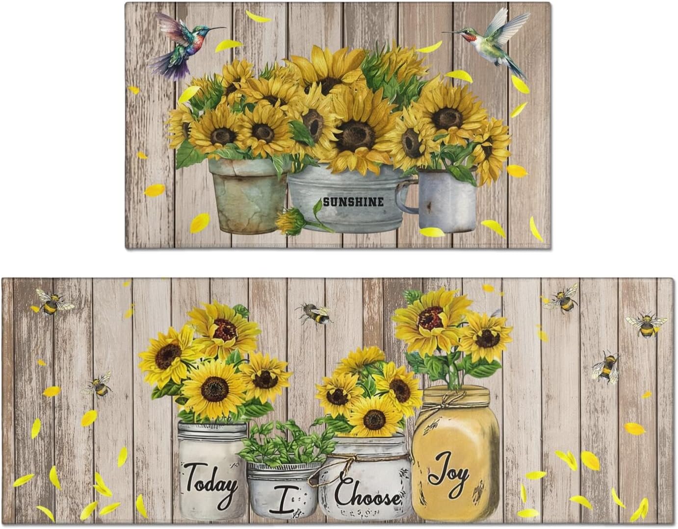 Sunflower Kitchen Rugs Sets of 2, Farmhouse Vintage Washable Anti Fatigue Kitchen Runner Mats for Floor, Non Slip Comfort Standing Holiday Decor Mat for Sink, Laundry, Office 17"x 47"+17"x 30"