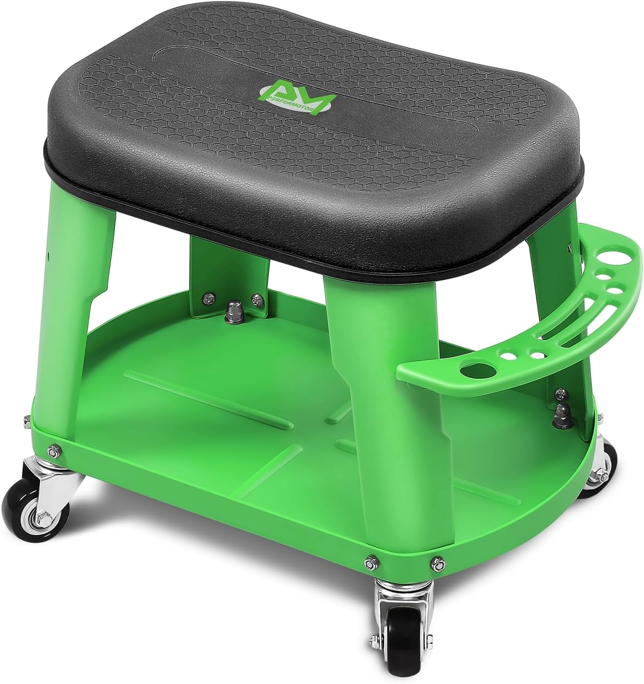 PM PERFORMOTOR Adjustable Height Pneumatic Garage Seat Rolling Mechanic Stool with Tool Tray Storage,300lbs Max Weight Capacity, Green,PM-TOL-RTS-GR