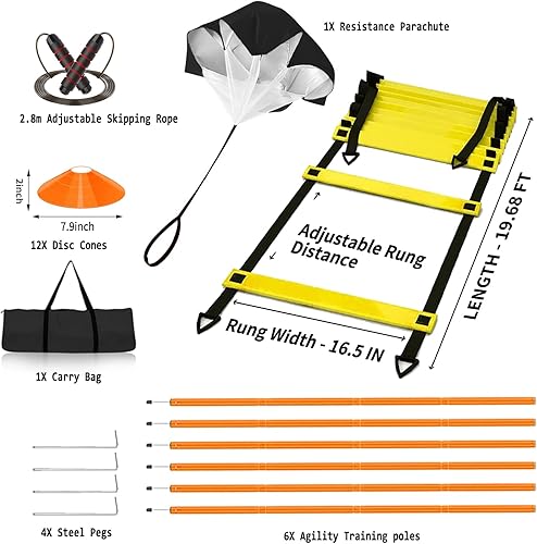 Miniatura 2 de Speed & Agility Training Equipment-20ft Agility Ladder, 6 Poles, 12 Soccer Cones, Resistance Parachute, Jump Rope, Soccer Football Basketball Sport