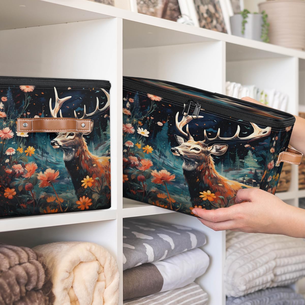 Storage Bin Set of 2 Reindeer Flower Storage Basket with Zipper Lid & Handle Foldable Closet Shelf 2 Pack Cloth Organizer Basket Cube Bins Clothes Organizer for Bedroom, Nursery