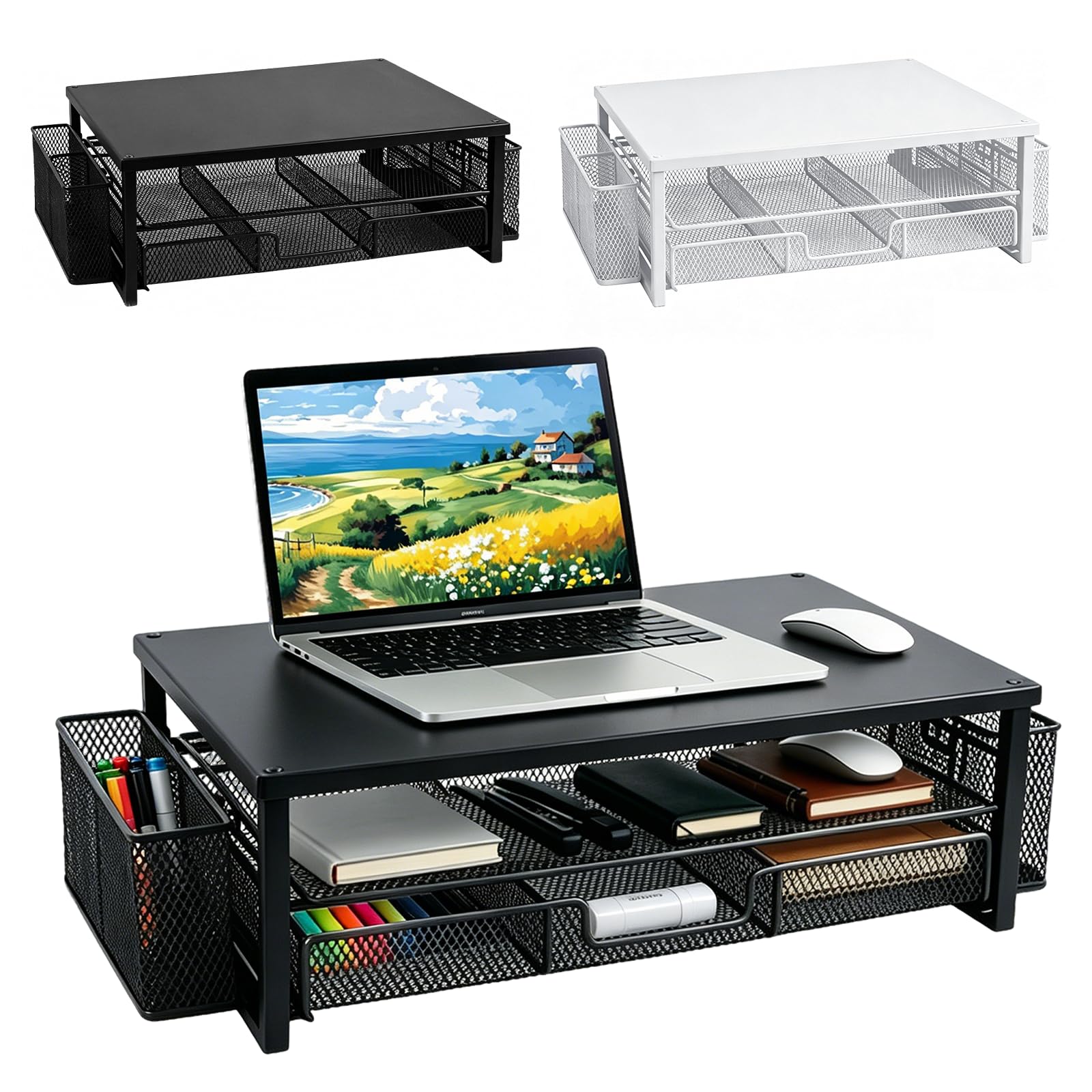 Soporte para monitor con cajón de metal, elevador de pantalla con cajón de malla y 2 soportes para bolígrafos, organizador de escritorio para monitor y portátil, elevador de monitor ergonómico para