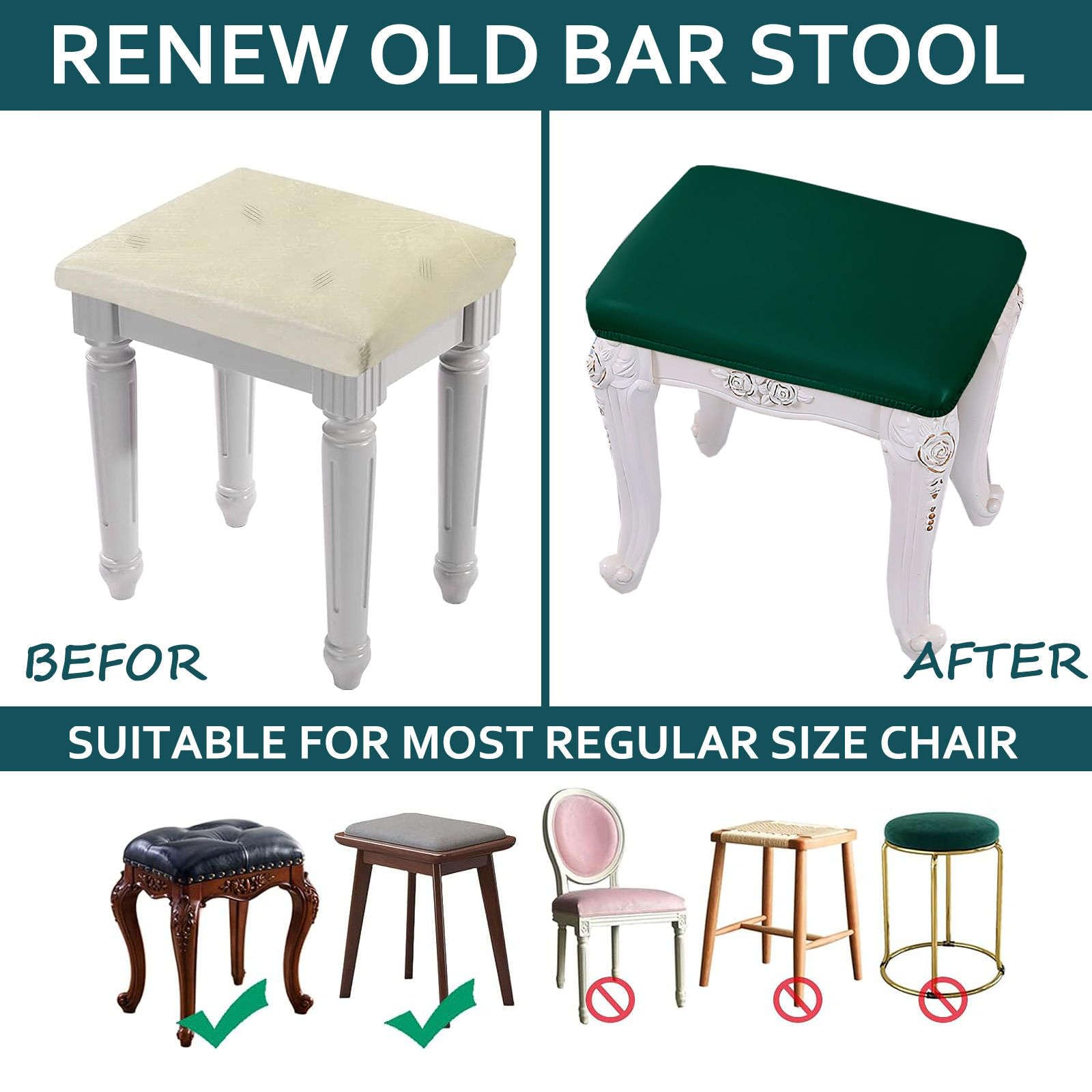 Juego de 2 fundas impermeables de cuero sintético para taburetes de bar, protectores de asiento duraderos para taburetes de salón y pub, protectores rectangulares para sillas