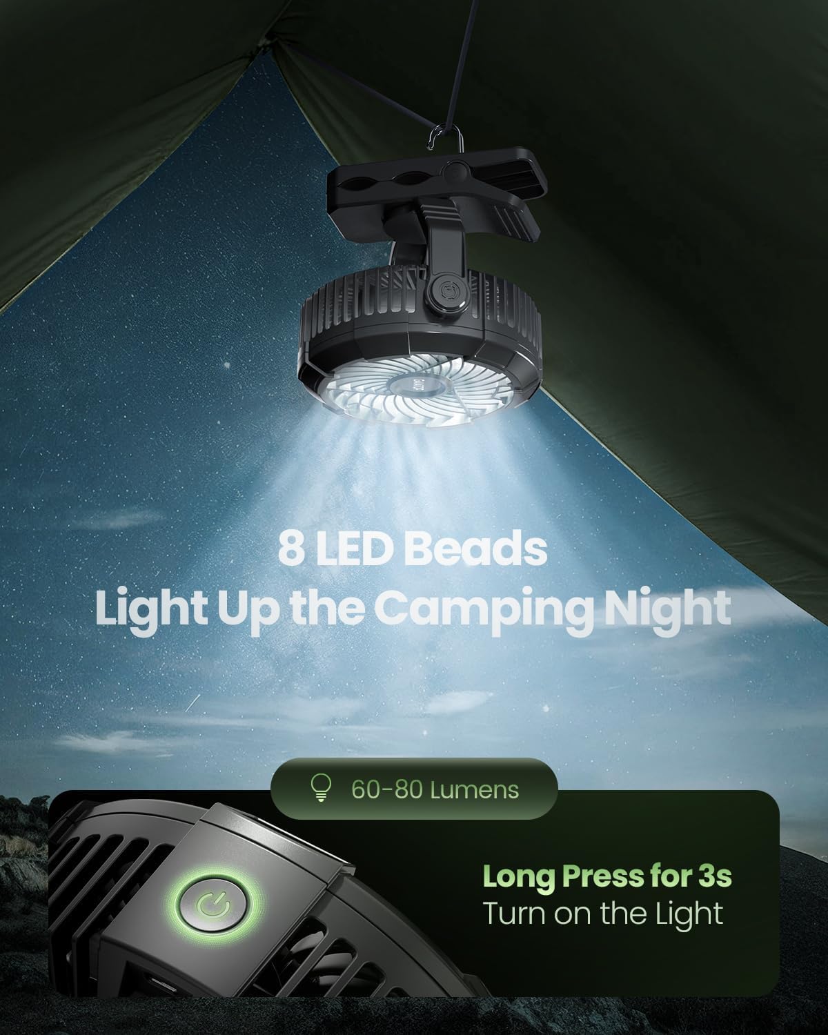 Gaiatop Ventilatore da campeggio portatile con luci a LED, rotazione a 360° e clip per scrivania, 4000 mAh USB ricaricabile, display digitale e gancio per appendere per tenda da viaggio all'aperto