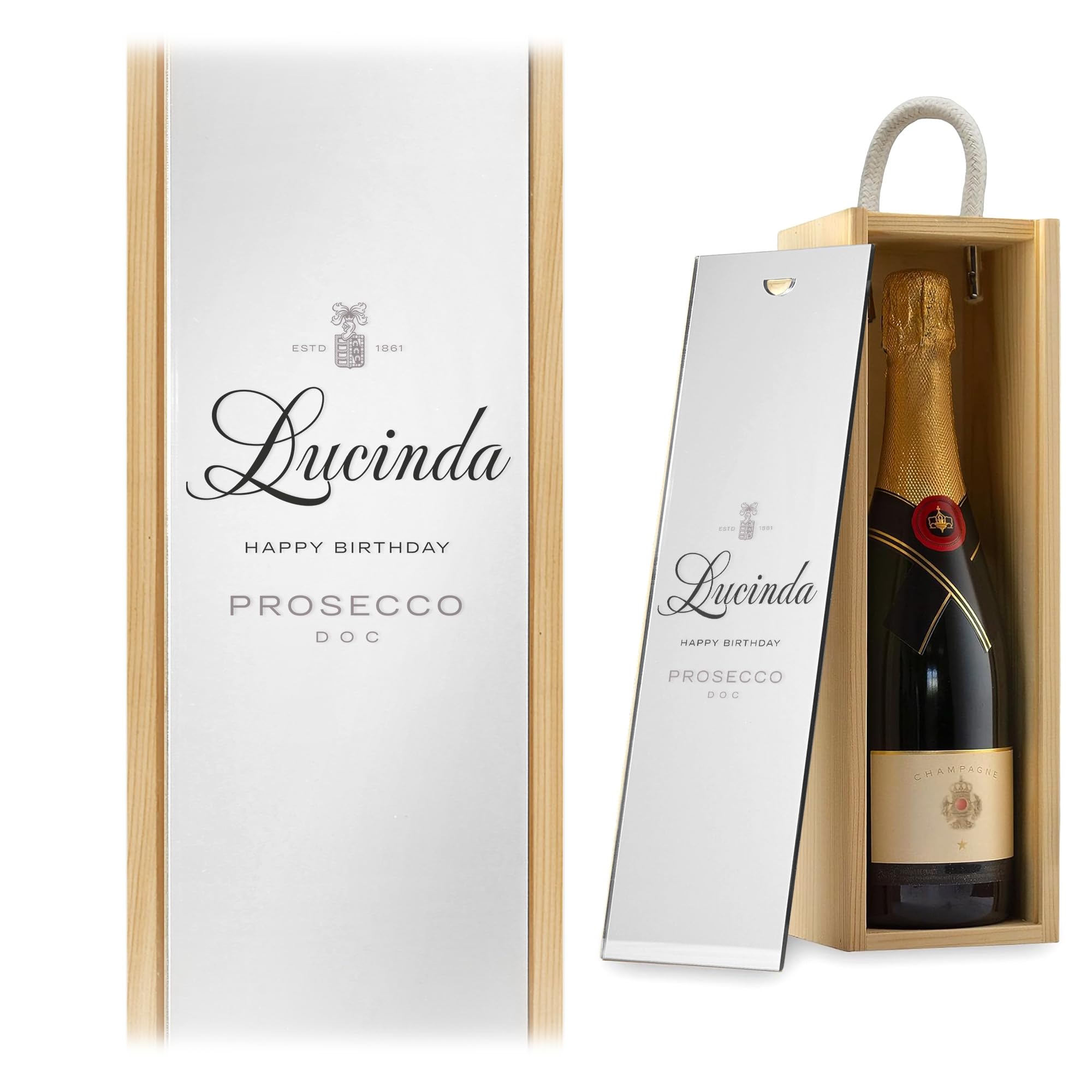 A1 Graphics Ltd Prosecco Wine Box Custom Printed Weddings Anniversary Bridesmaid Groomsmen Birthdays Christmas (Natural Box/Silver Lid)