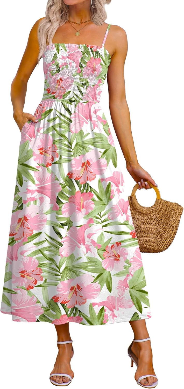 OFEEFAN Womens Spaghetti Strap Maxi Dresses Smocked with Pockets 2026 Summer Spring Casual Boho Beach Long Sundresses