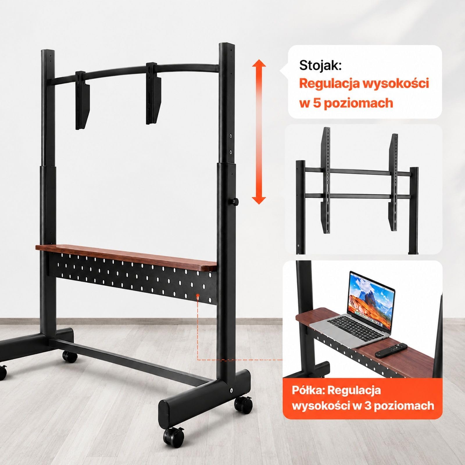 Stojak TV na kółkach, mobilny wózek do telewizora i monitora, podstawa podłogowa z regulacją wysokości do domu biura