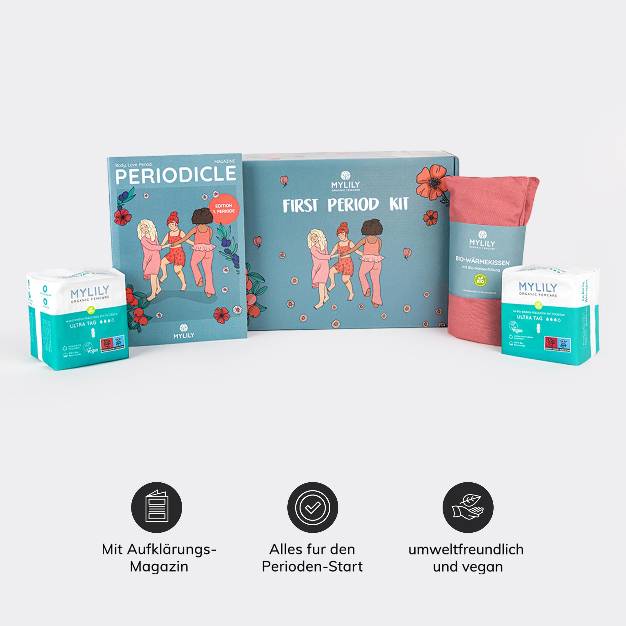 MYLILY® First Period Kit | Erste Periode Set | Geschenk Mädchen & Teenager, 11 Jahre und älter | Bio-Periodenprodukte, Aufklärungsbuch und vieles mehr I Geschenk erste Menstruation