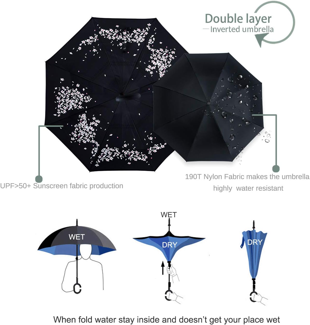 ZOMAKE Auto Open Inverted Umbrella Double Layer Reverse Umbrella, UV Protection Windproof Straight Umbrella Inside Out Umbrella for Car Rain Outdoor with C-Shaped Handle