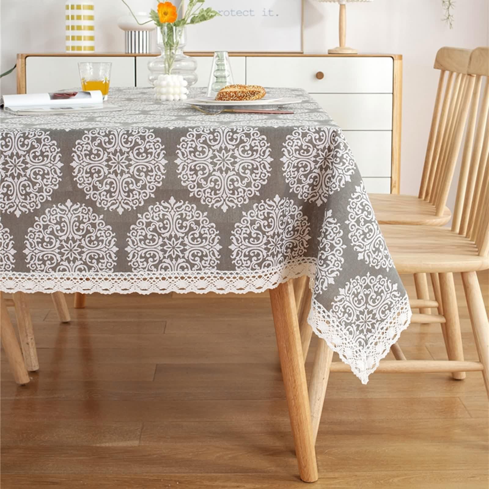 Copritavolo Soggiorno Moderno Grigio, Tovaglia Compleanno Elegante Cotone Poliestere Fiore Stampato Decorativa 140X260CM per Cucina