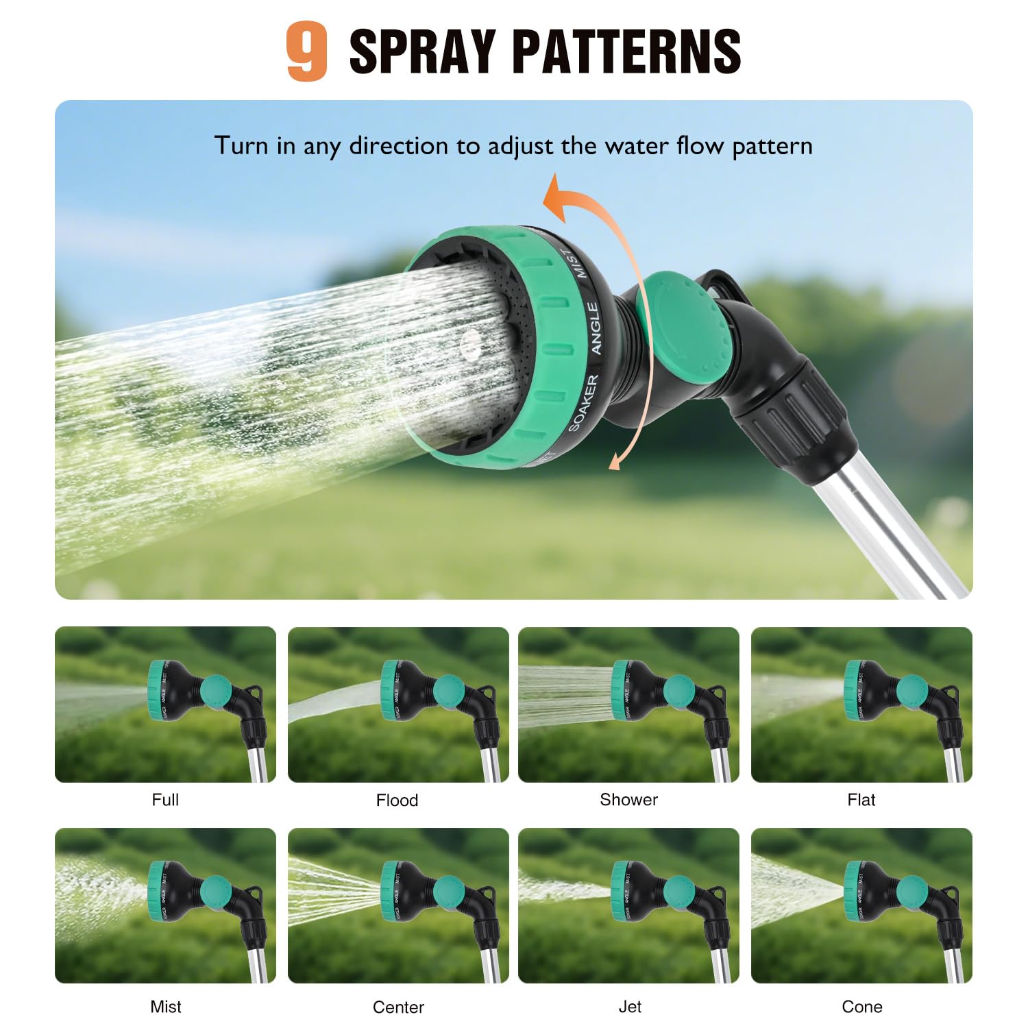 Yesker Bewässerungsstab für Gartenschlauch, 35 Zoll, 9 Sprühmuster, verstellbarer Wassersprüher mit schwenkbarem Kopf, Gartenschlauchdüse mit Daumenflusskontrolle, ideal für Wasserhängekörbe und