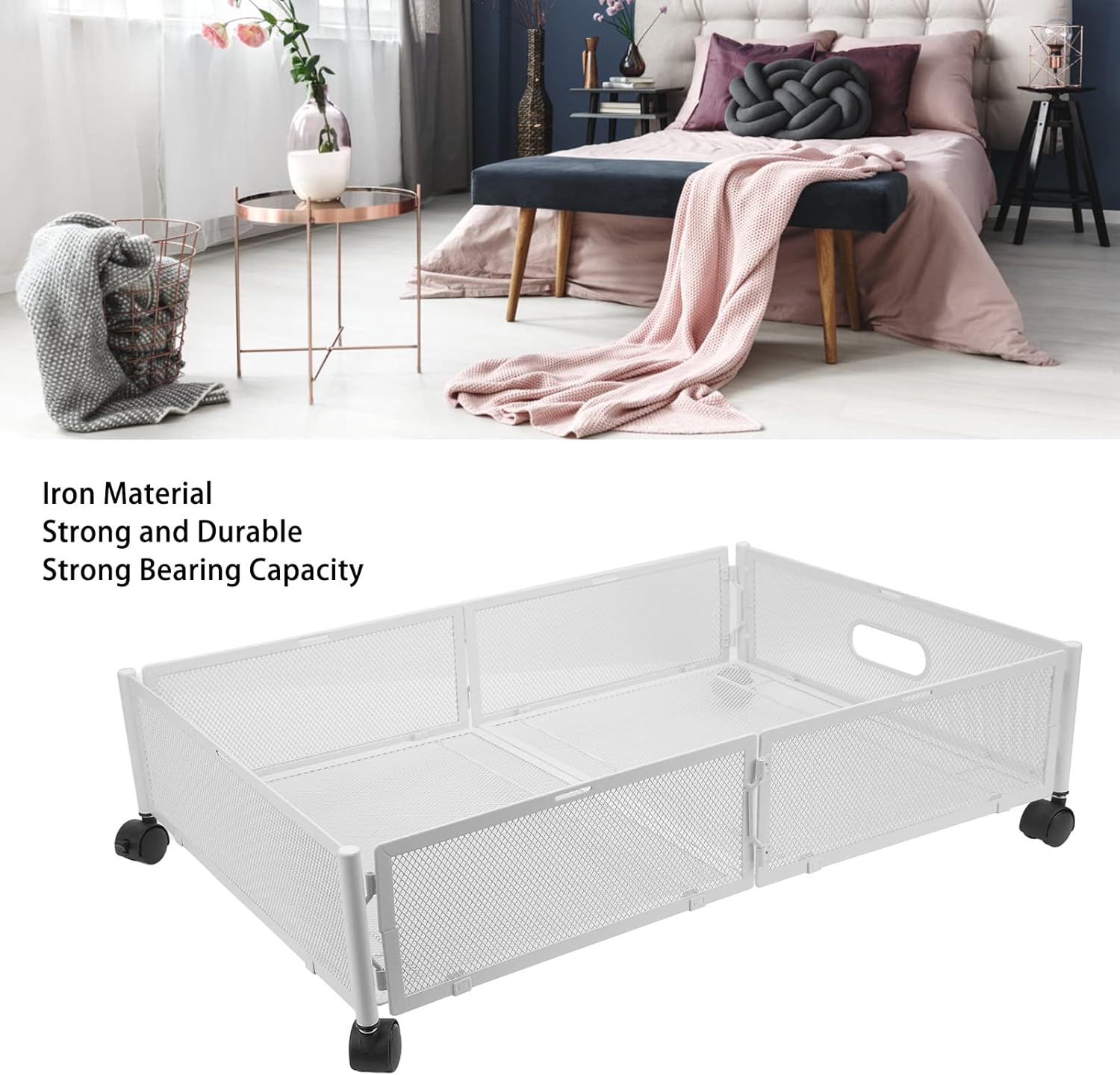 Dioche Under Bed Storage Containers with Wheels, Grid Pattern Pull Out Type Detachable Metal Under Bed Shoe Storage Drawer for Clothes Toy (White)