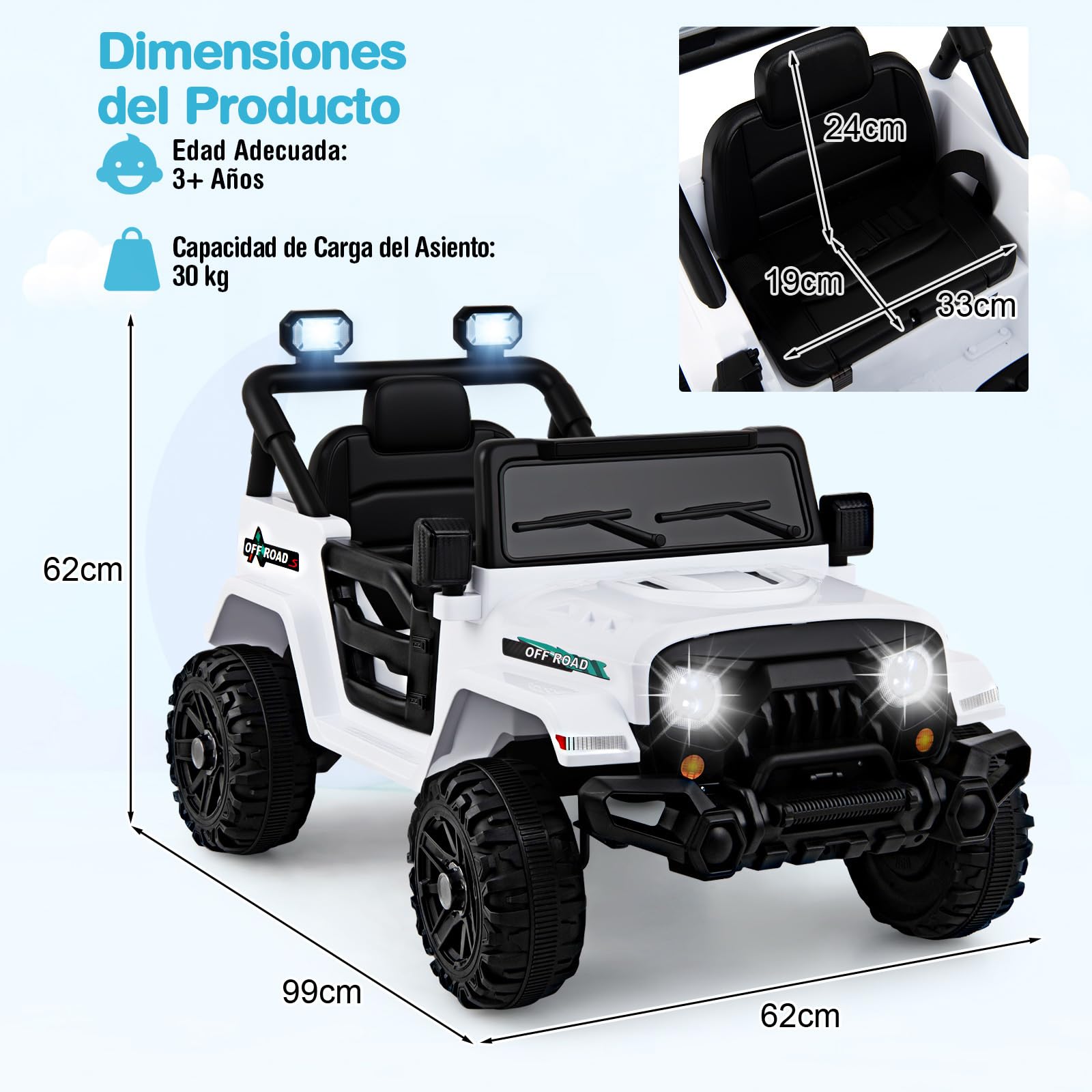 COSTWAY Coche Eléctrico para Niños 12V, Vehículo Todoterreno de Batería con Control Remoto, 3 Velocidades, Luces LED, Música, Bocina y Conexión Inalámbrica, para Niños de 3+ Años (Blanco)
