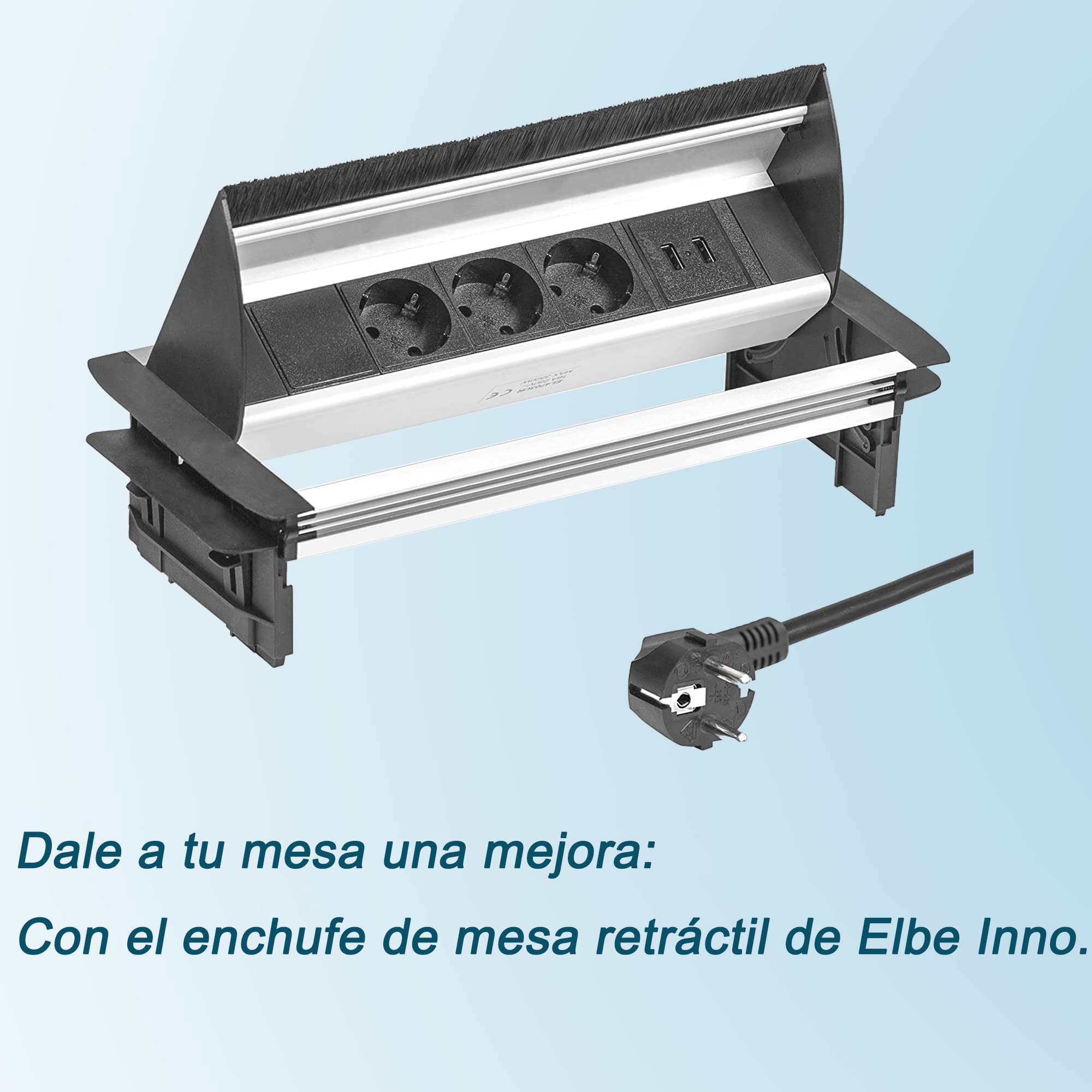 Soporte de escritorio horizontal retráctil, toma múltiple con 3 zócalos alemanes, 2 puertos USB, cable de alimentación de 1,5 m, enchufe alemán, apto para oficinas, salas de reuniones EL4403U