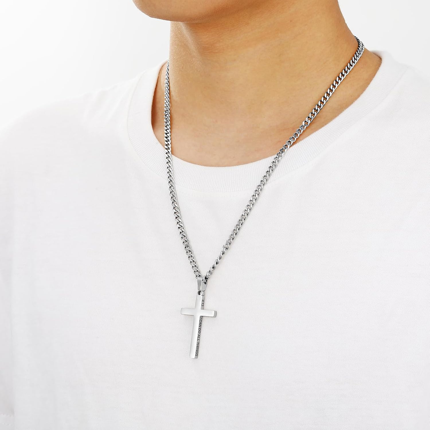 Cross Necklace for Men Boys Stainless Steel Bible Verse Cross Pendant with Cuban Link Chain (22+2 Inches) | Easter Christian Religious Jewelry Gifts - Image 3