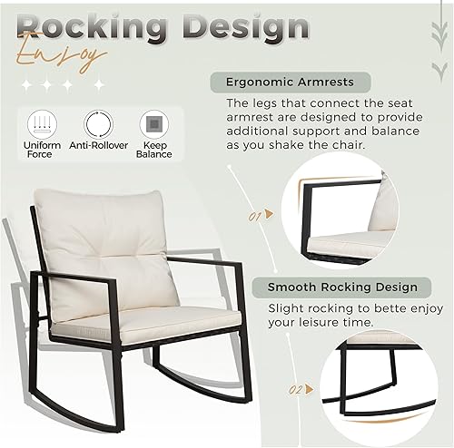 Miniatura 7 de SUNCROWN Juego de 3 piezas de bistró mecedora para exteriores, muebles de mimbre negro, sillas de porche, juegos de conversación con mesa de café de