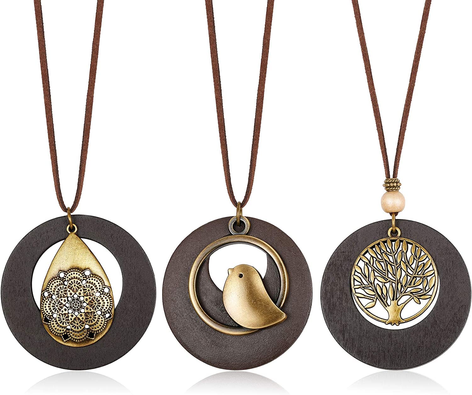 Adramata 3 Piezas Largos Collares para Mujer, Simple Madera Collar de Suéter Largo, Collar Árbol de la Vida, Conjunto de Collar Largo Boho