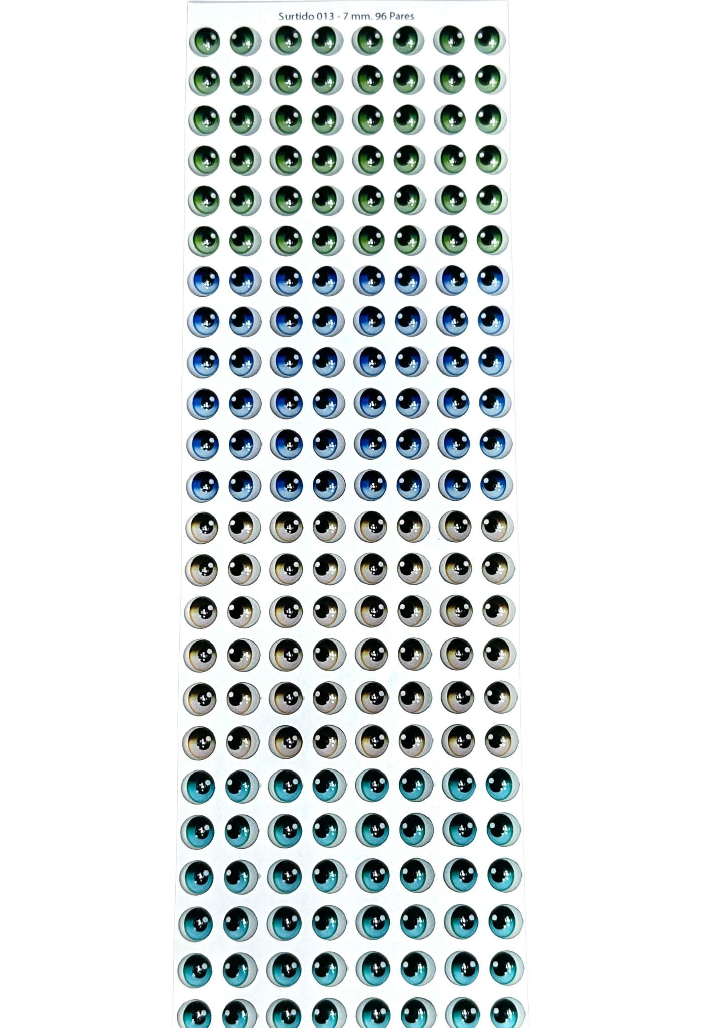 Ojitos Adhesivos 3DS13-7 96 Pairs in Blue, Green, Brown and Turquoise, or Self- Resin Eyes, 7mm Wide, for use with Clay, Cold Porcelain, Polymer Clay, EVA, Felt, Fabric, Plaster, Paper, Fantasy Eyes