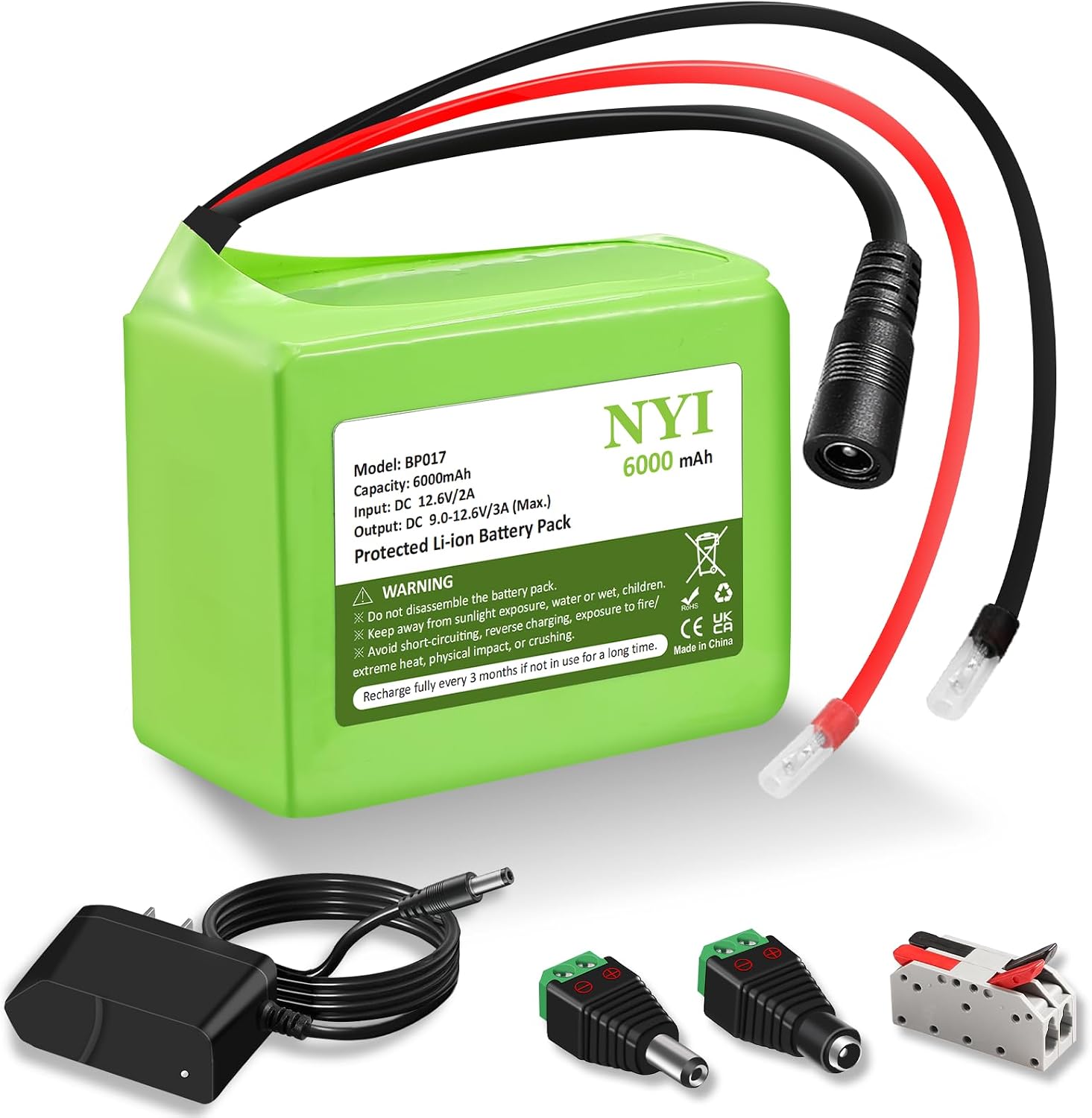 NYI 6000mAh 12V DC Rechargeable Lithium ion Battery Pack 6Ah with Charger and DC5521 Connector for Router, CCTV Camera, LED Strip Light, RC Car, DIY Tools and Other 12 Volt Devices