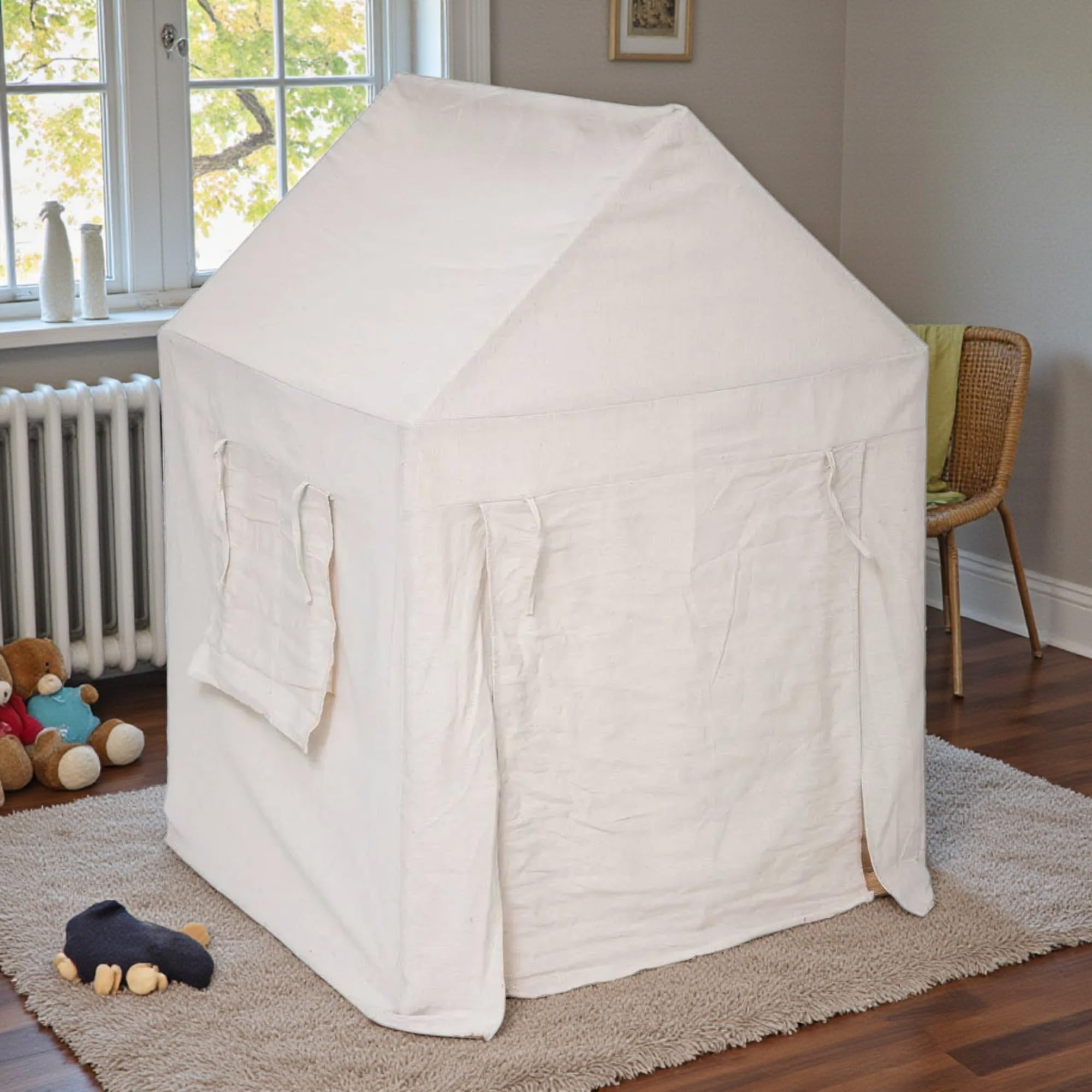 TIENDA EURASIA – Cabaña Infantil | Forma de Casita Diempi | Beige Claro | 77x77x115 cm | Lona de Algodón y Poliéster | Estructura de Madera de Pino | Fácil de Montar y Desmontar | Apta para Lavadora
