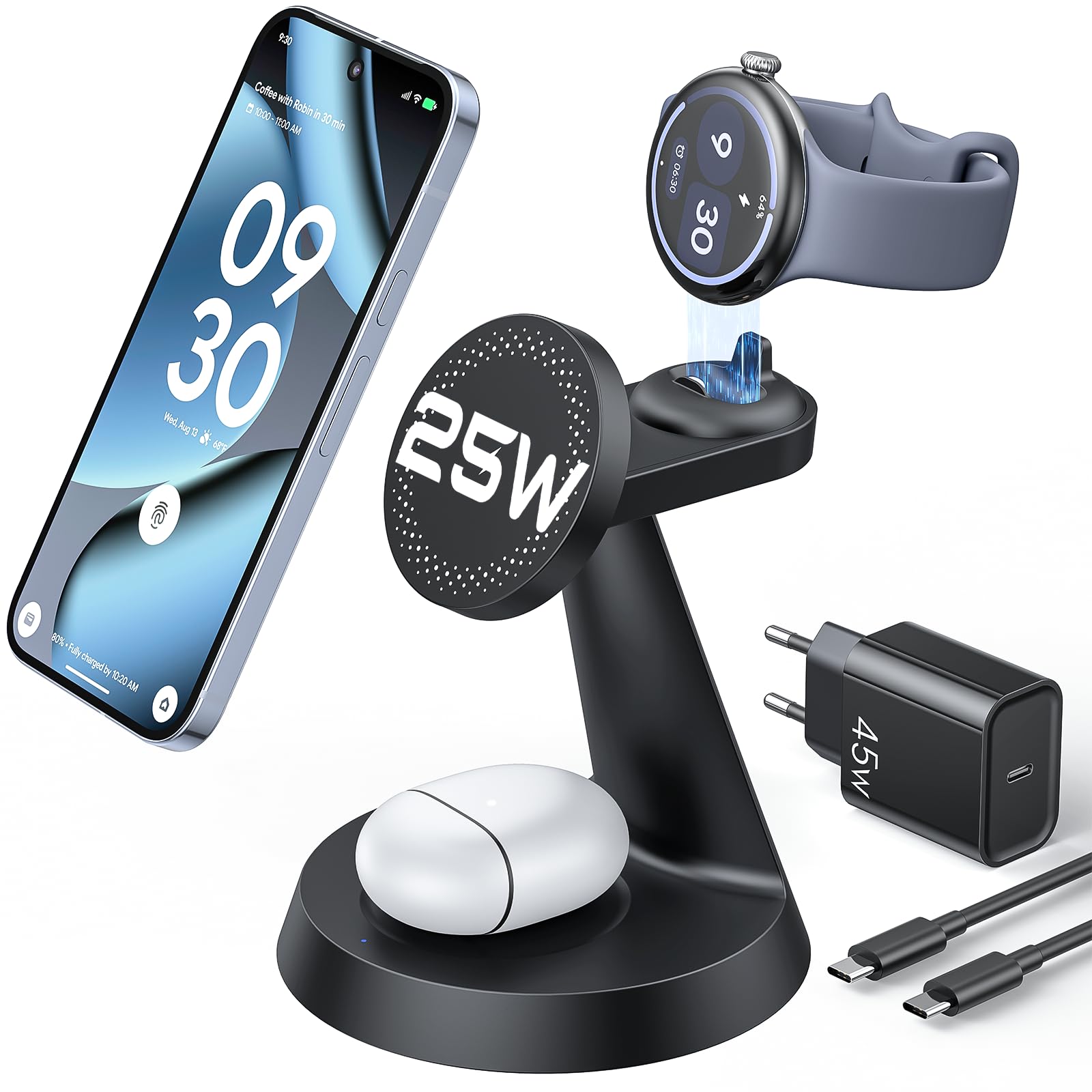 Meifigno 25W 3 in 1 Induktive Ladestation für Google Pixel Watch 5 & 4