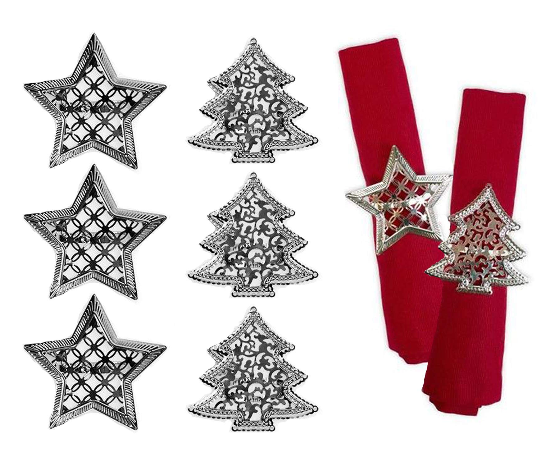 YöL Set of 6 Napkin Rings Christmas Tree Star Xmas Silver Metal Elegant Table Set