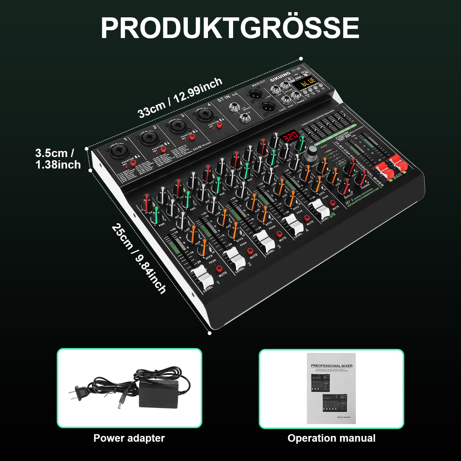 Table de mixage portable 6 canaux, mixeur audio professionnel, 320 effets DSP + égaliseur 7 bandes, carte son Bluetooth + interface USB, idéal pour l'enregistrement sur PC, les effets de studio
