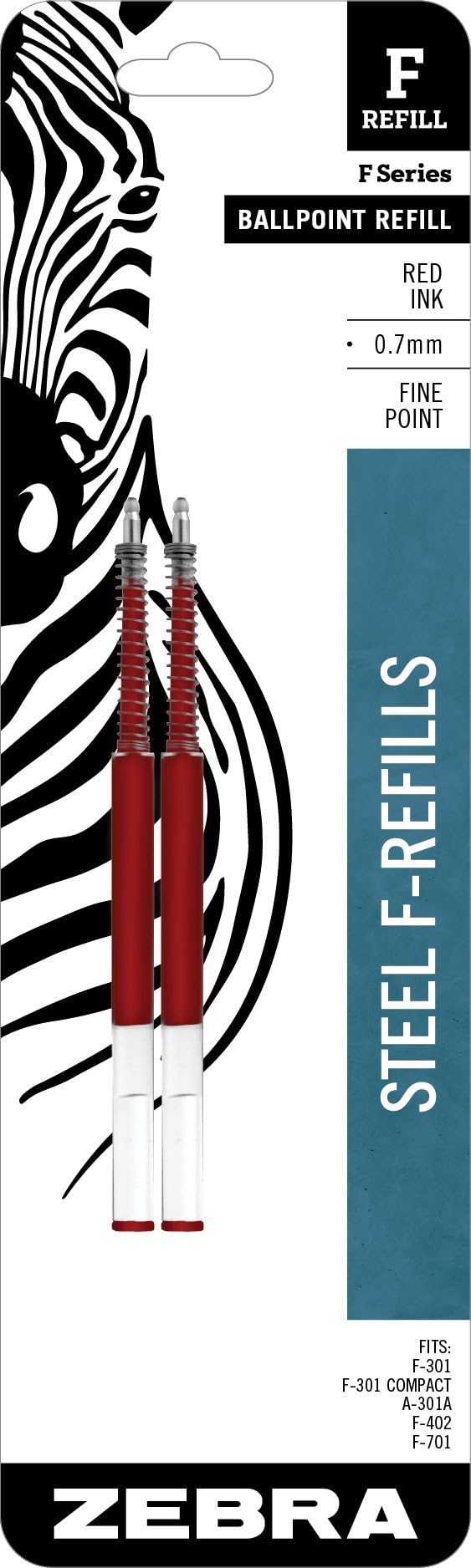 Zebra Pen Steel, F-Refill Ballpoint Ink Refills, 0.7mm Fine Point, Red Ink, Fits Zebra F-301, F-402, and F-701 Ballpoint Pens, Smooth Writing Performance, 2-Pack (85532)