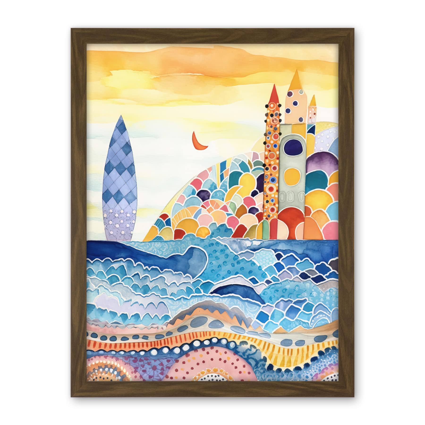 Artery8 Abstract Seascape Waves On Beach Folk Art Bathroom Artwork Framed Wall Art Print 18X24 Inch