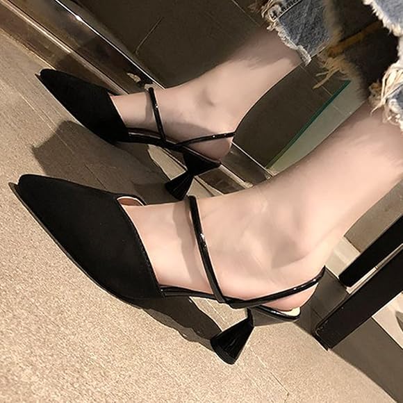 [イノヤシューズ] ミュール サンダル ローヒール 歩きやすい 疲れない レディース ブラック 夏 おしゃれ ストラップパンプス ベルト クッション性  屈曲性 美脚 フェイクレザー カジュアル デイリー トレンド とんがりトゥ 二次会 サボ 22.5cm サンダル