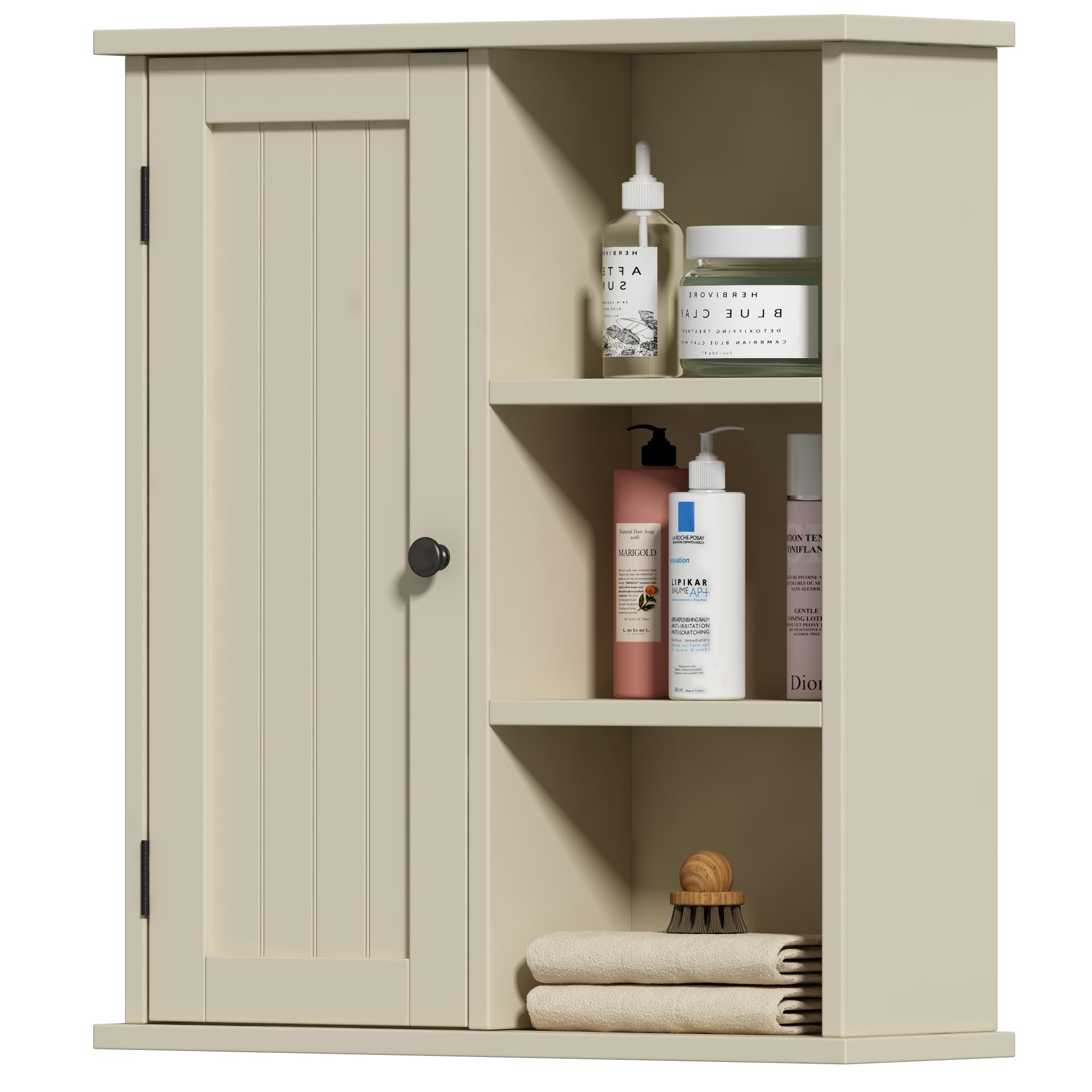 treocho bathroom wall cabinet, medicine cabinet with door and 3 open shelves, wall mounted storage organizer for bathroom, kitchen, living room, yellow