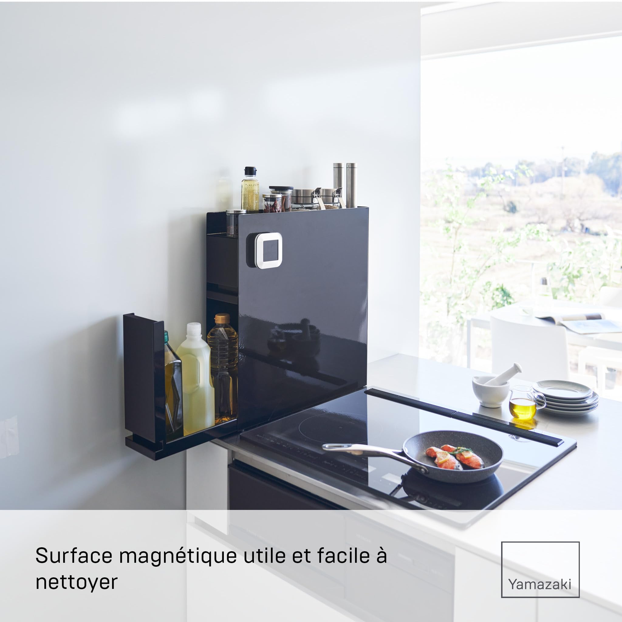 YAMAZAKI TOWER Étagère coulissante 2 niveaux pour épices et assaisonnements, en acier - organiseur, support, condiments, épices, cuisine - 50-93 x 12,5 x 52,5 cm, design japonais, noir