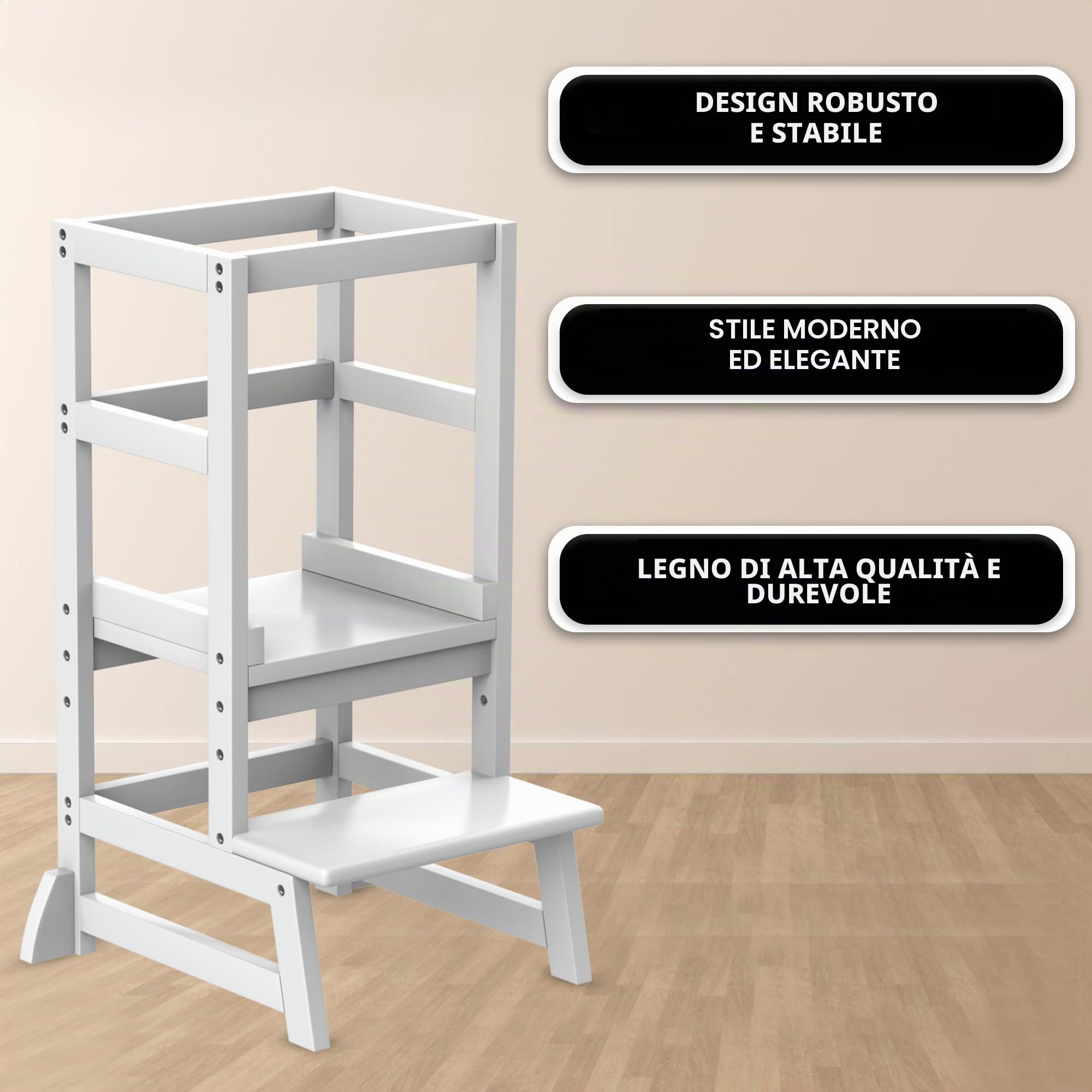 Torre Montessori per Bambini in Legno Bianco – Torre di Apprendimento Regolabile in Altezza, Sicura e Stabile, Ideale per Cucina e Bagno