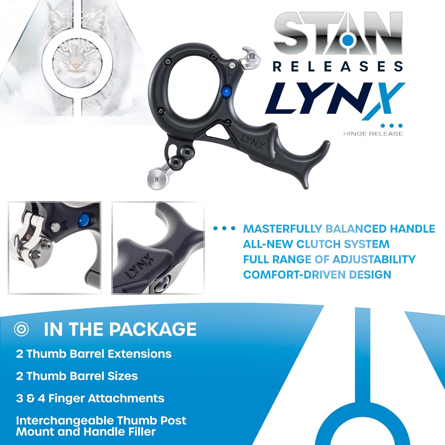 Stan Lynx Hinge Release - Archery Bowhunting Release Aid with Clutch System, Dual-Sided Moons, Smooth Action, Ergonomic Handle, Adjustable Thumb Barrel, 3 & 4-Finger Extensions