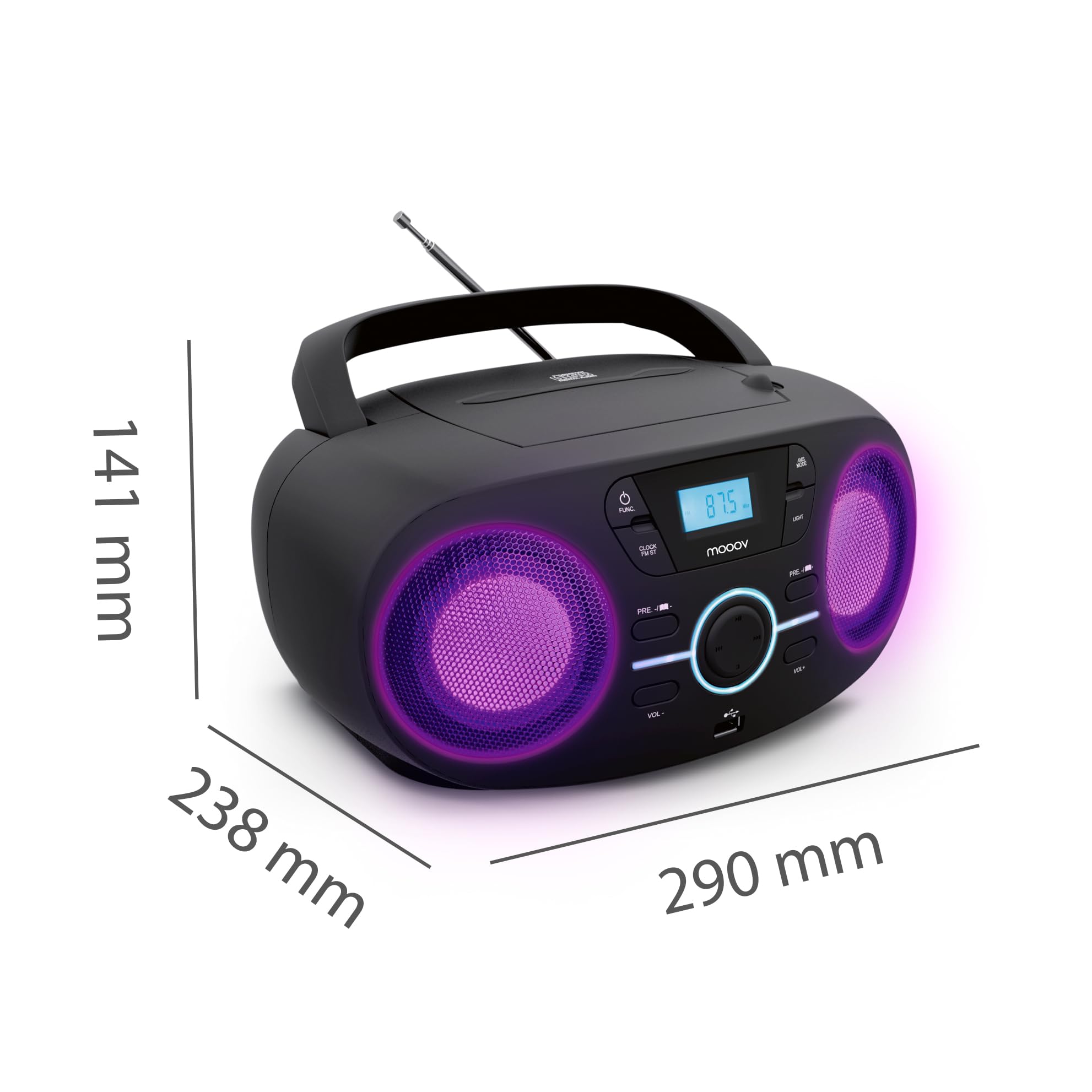 Mooov Lecteur CD Portable, Lecteur CD Audio CD-R/CD-RW/CD-MP3, Radio FM, Port USB, Effets de lumière LED, poignée Ergonomique, Alimentation ou Batterie, Noir 477415