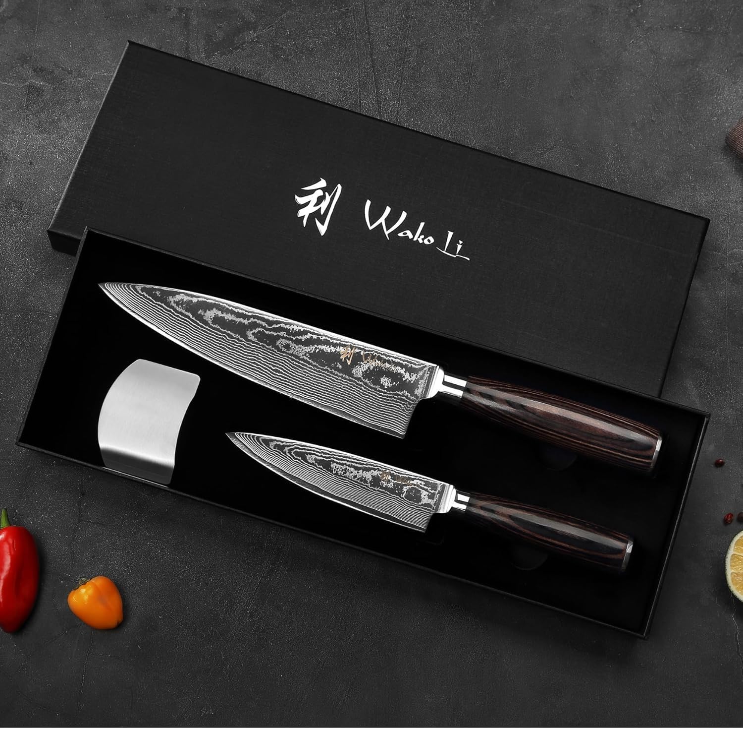Wakoli EDIB Essentials Santoku Messer Küchenmesser Set (2-teilig) 30 & 24 cm Damastmesser aus 67 Lagen Damaststahl mit Pakkaholzgriff Gemüsemesser inkl. Geschenkbox