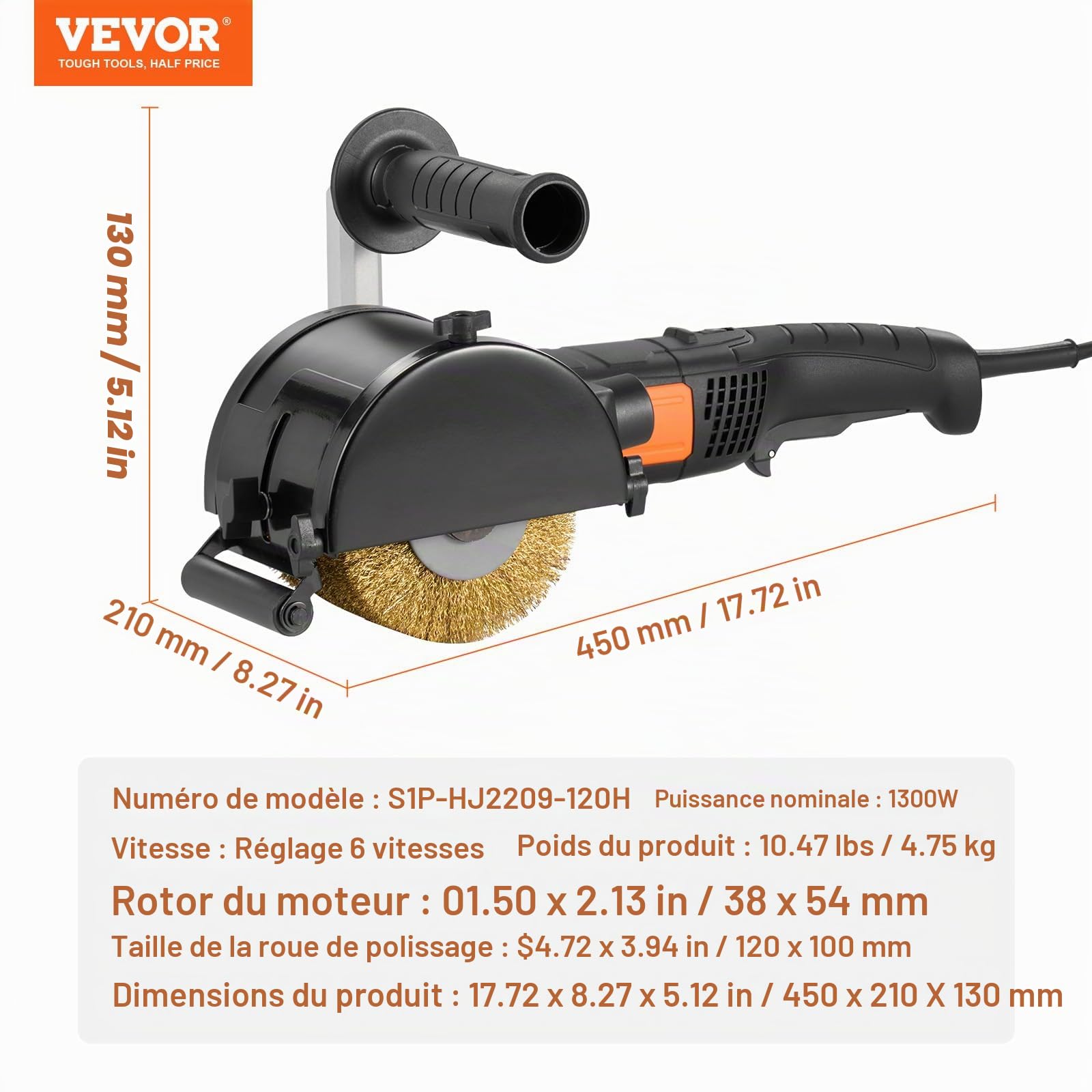 VEVOR Machine Polissage Brunissage, 1300 W, Outil Conditionnement de Surface, 6 Vitesses Variables, Polisseuse Électrique Portative, Roue de Polissage en Fil Acier, pour Acier Inoxydable, Métaux, Bois