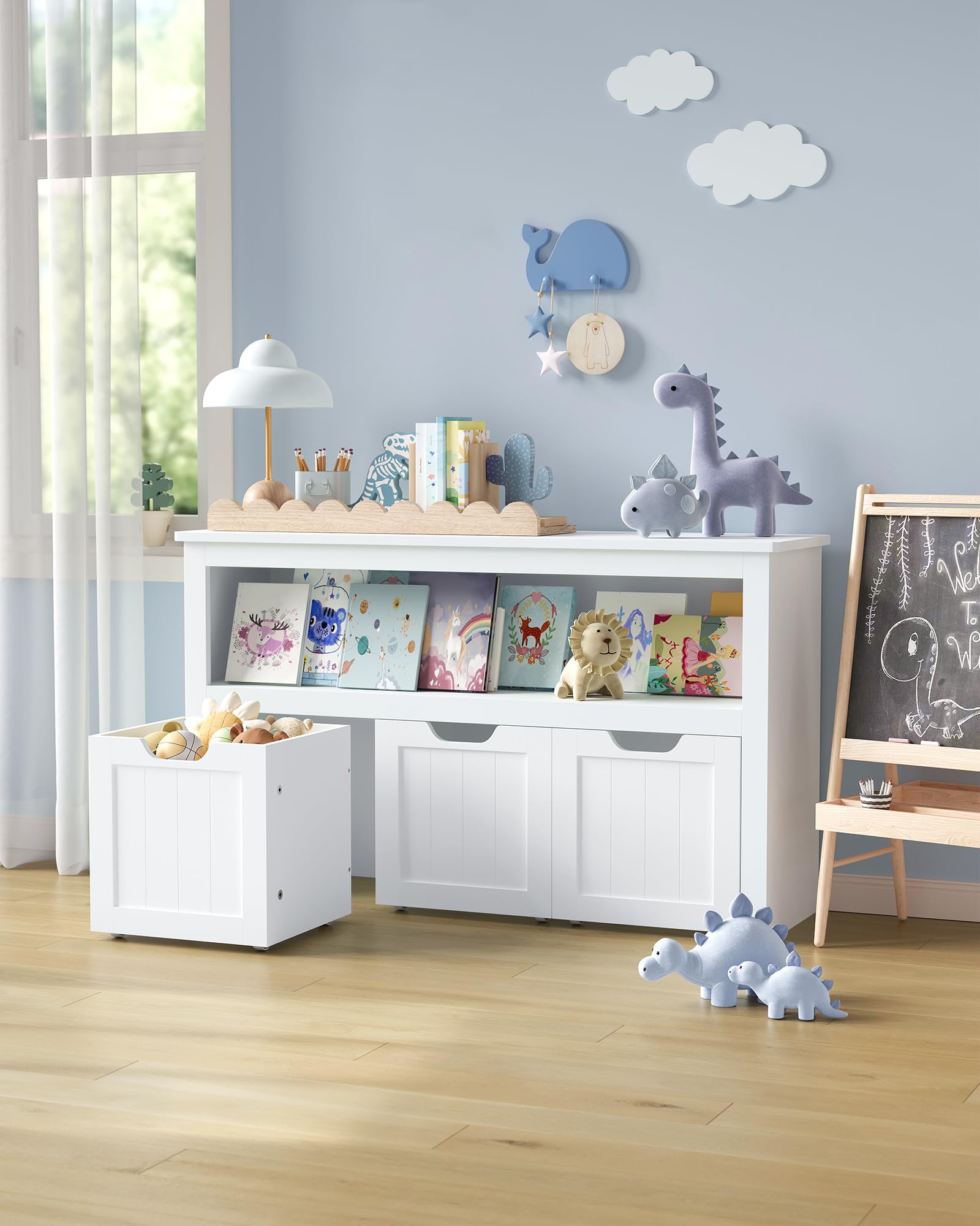 VASAGLE Scaffale per Bambini, Porta Giochi per Bambini, Multiuso, 3 Contenitori con Ruote, Porta Giocattoli, per Soggiorno Cameretta, 30 x 102 x 60 cm, Bianco Nuvola LHS380W01