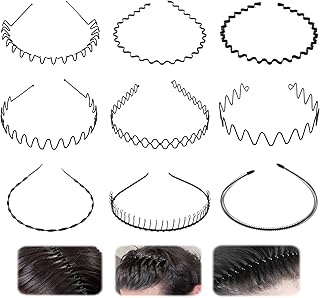 Metal Hair Band 9 Pcs, Unisex Black Headband, Adjustable Wavy Headband & Squiggle Headband, Non Slip Metal Head band for S...