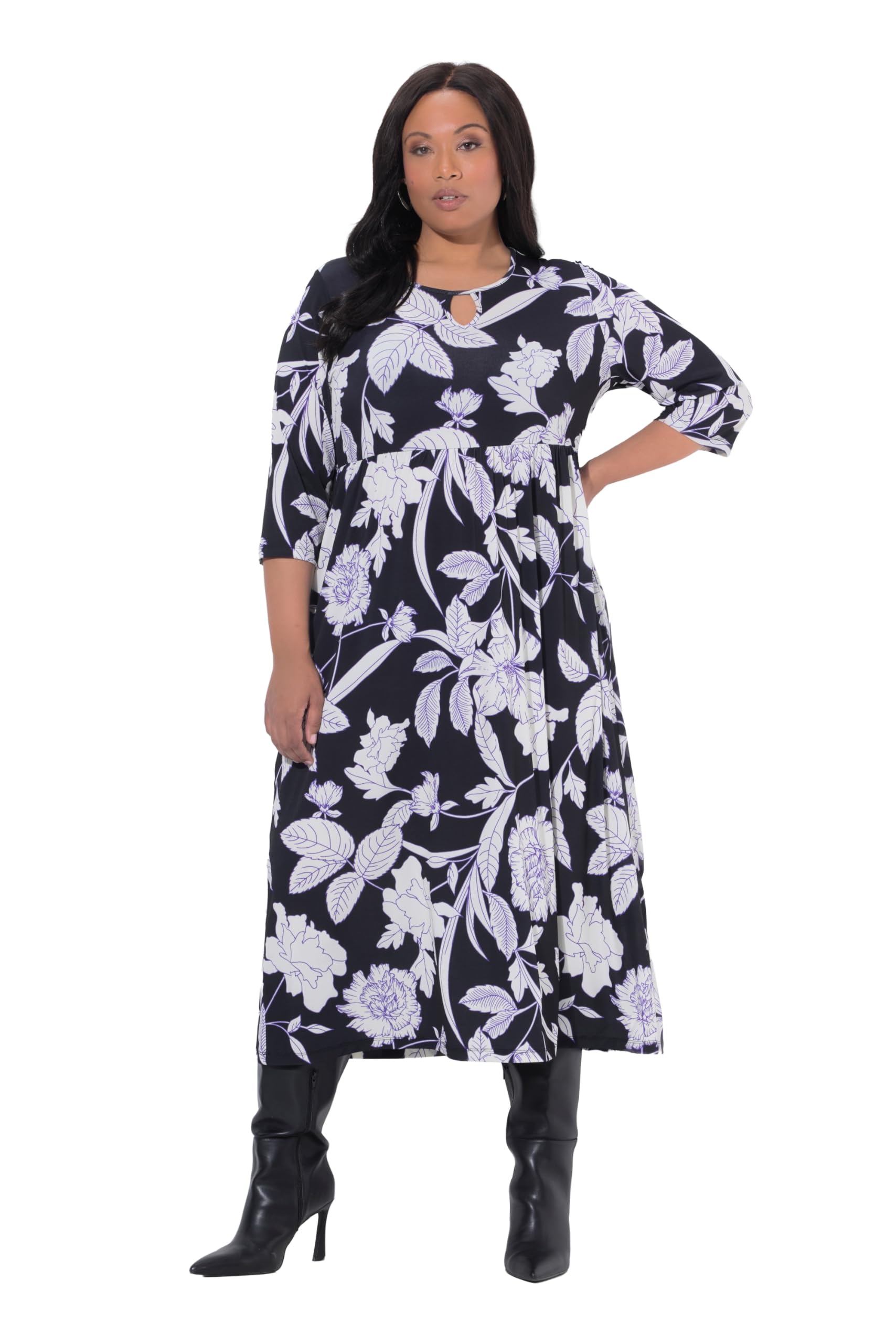 Ulla Popken Damen große Größen Übergrößen Plus Size Maxikleid, Blüten, A-Linie, Rundhals, 3/4-Arm 847093