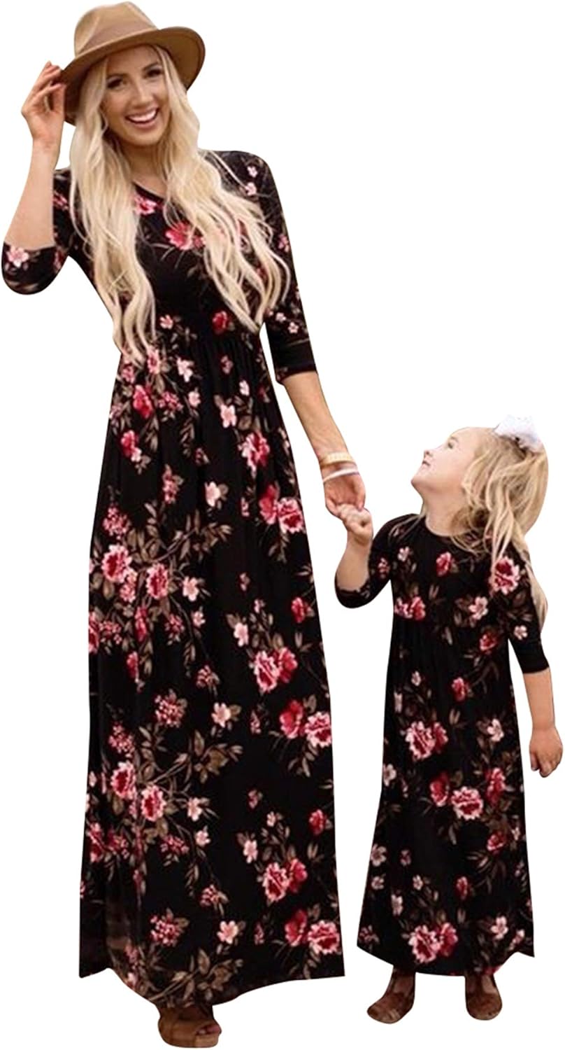 EFOFEI Mommy and Me Matching Tank Maxi Dresses Sleeveless Bohemia Floral Printed Family Matching Outfits with Pockets