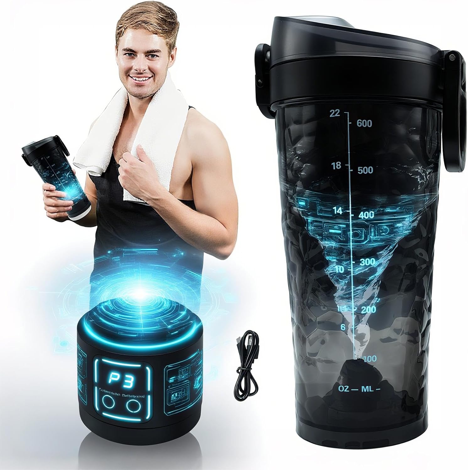 3 in 1 Electric Protein Shaker Bottle【15s Clump-Free Shakes】【USB Rechargeable】【Leakproof & Silent 】 for Gym/Travel, 700ml Smart Blender (Black)