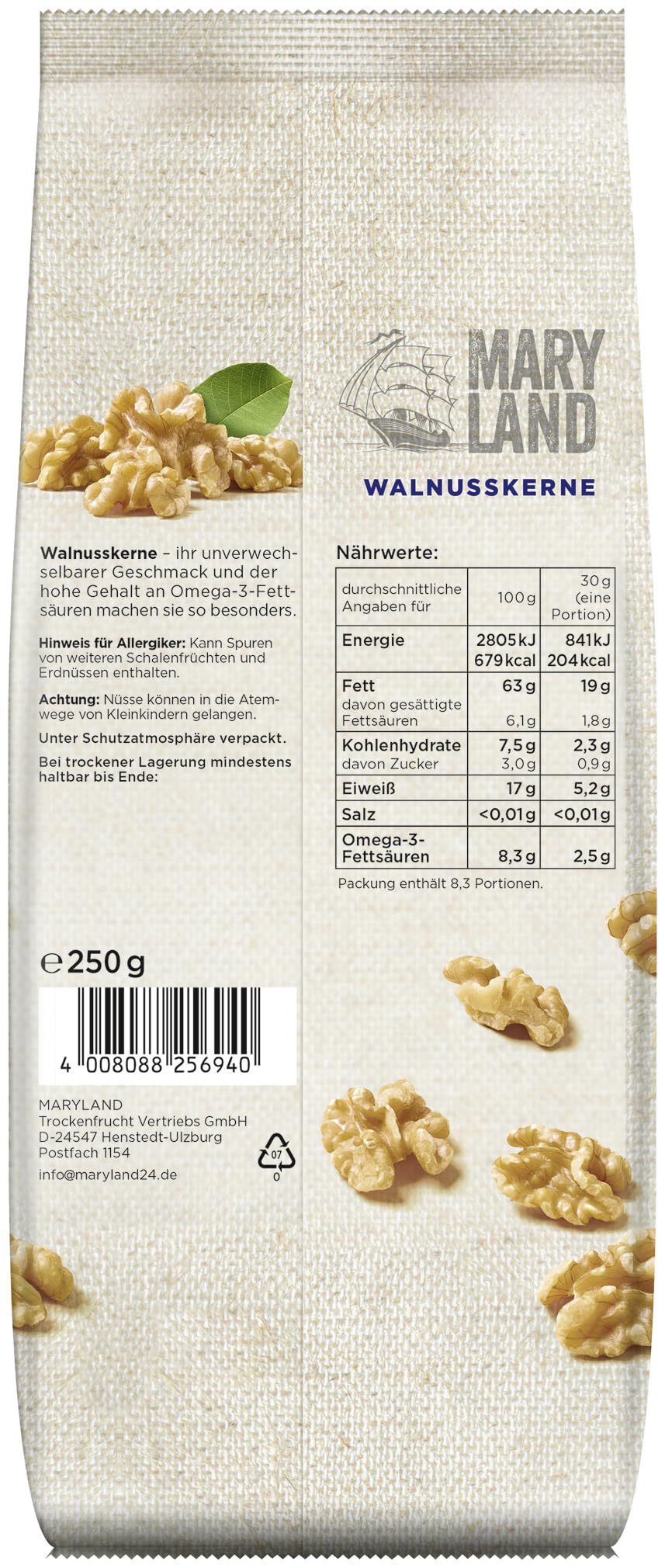 Maryland Walnusskerne 250g Beutel 6er Pack – Walnusskerne naturbelassen, vegan, frei von künstlichen Aromen, ohne Zusatzstoffe – Im praktischen Format genießen (6 x 250g)