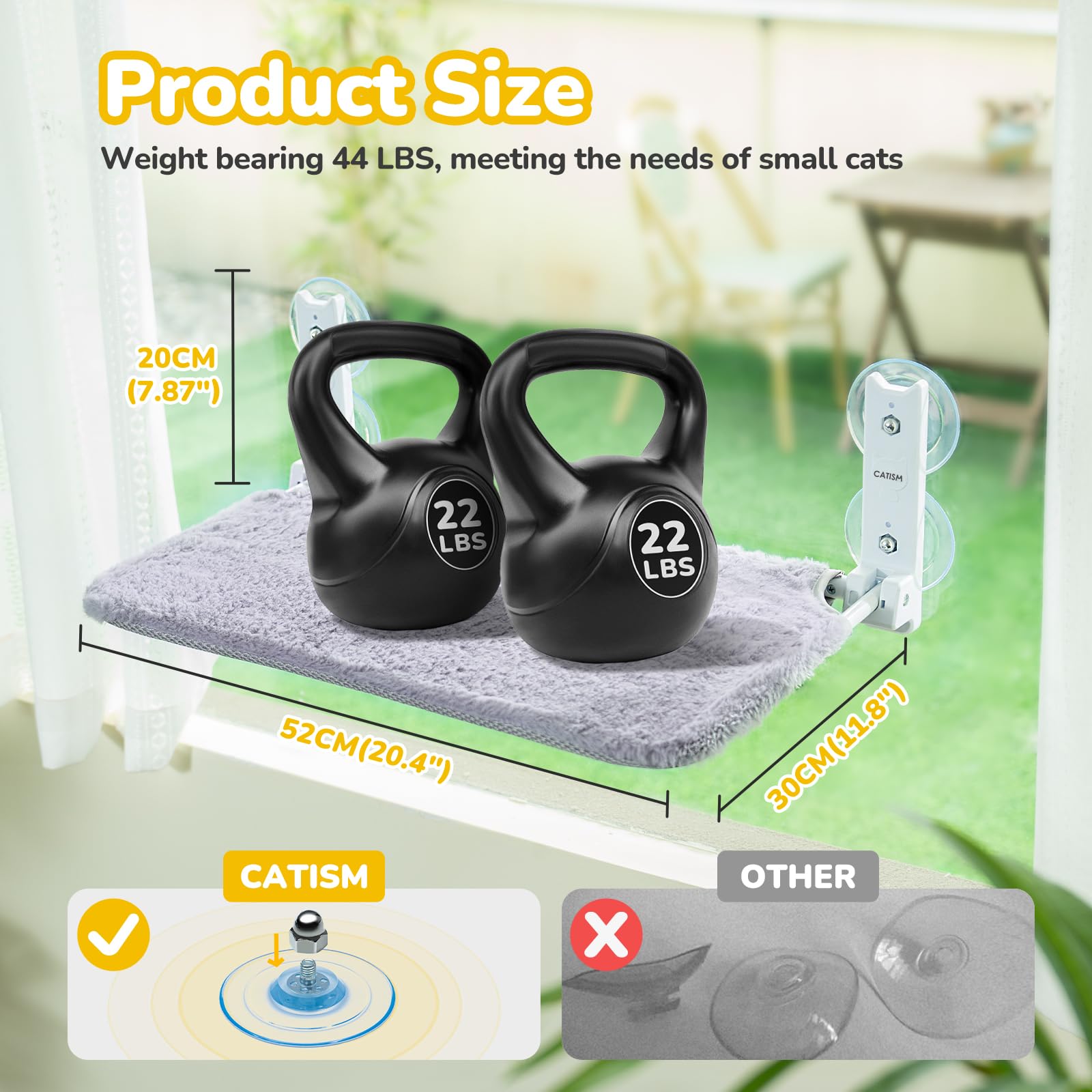CATISM Plegable Hamaca Gato Ventana de hasta 20 kg, Hamaca para Gatos Reforzada con Ventosa Fuerte, Almohadilla de Tela Lavable de Doble Cara, Saco de Dormir para Gatos (52 x 30 cm), Gris